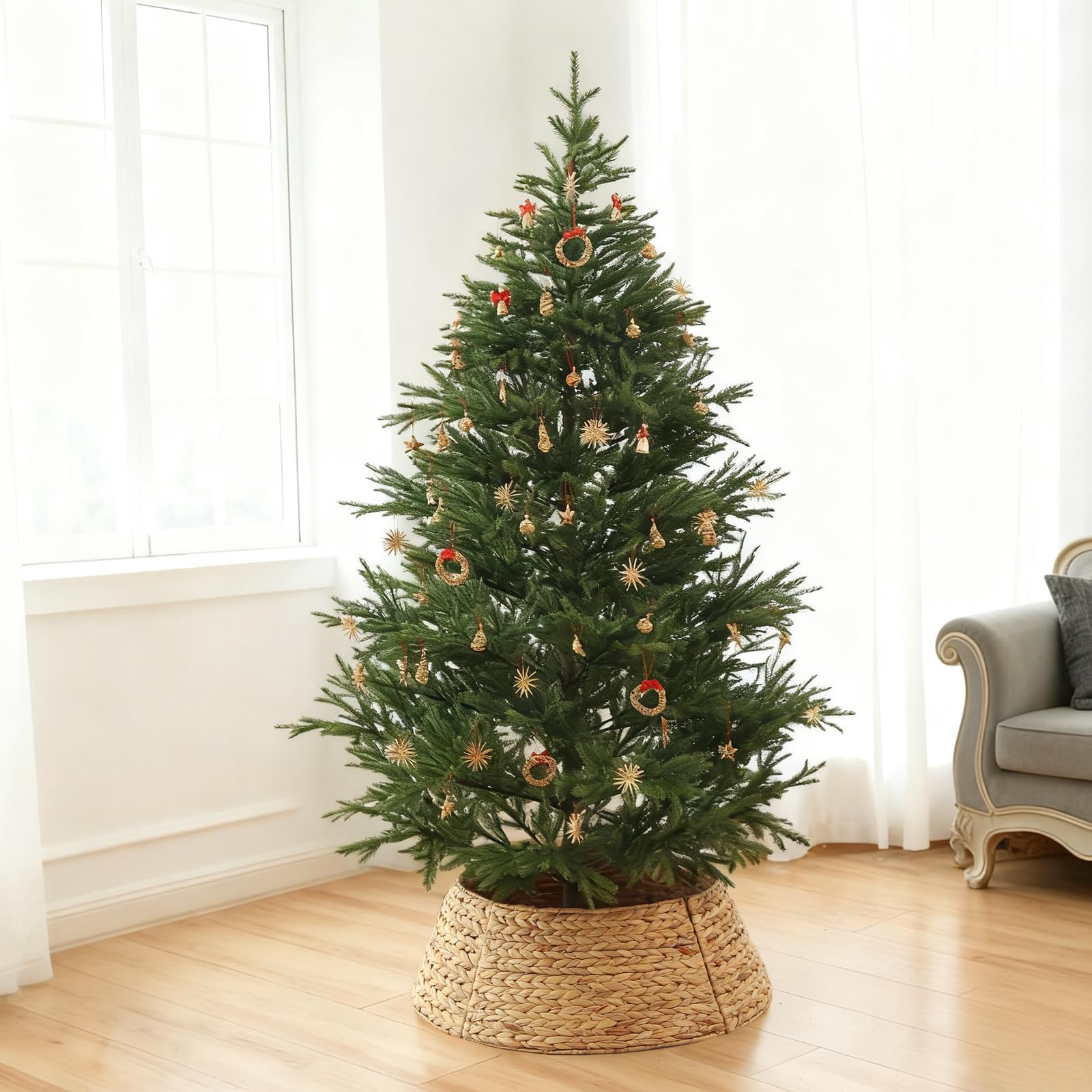 SALCAR 60cm Weihnachtsbaumring Abdeckung aus Rattan, handgefertigter Christbaumkorb, dekorativer Baumkragen, Baumständerschutz für Weihnachtsbäume, Weihnachtsdeko, Weihnachtsbaum Umrandung
