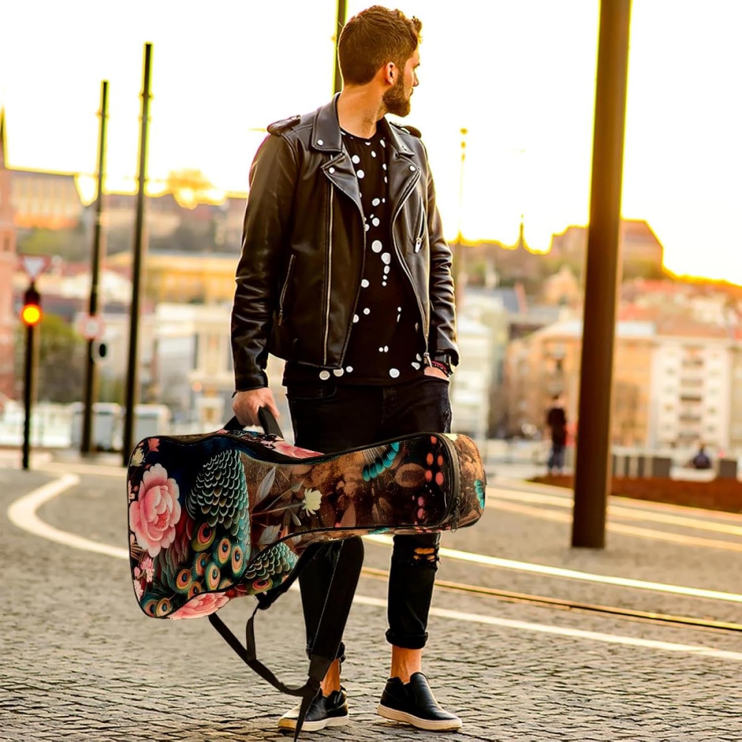 Acoustic Guitar Bag 0.4 Inch Thick Padding Waterproof Guitar Case Gig Bag for 40 41 42 Inch Electric Bass Classical Guitar, Aesthetic Peacock with Flowers