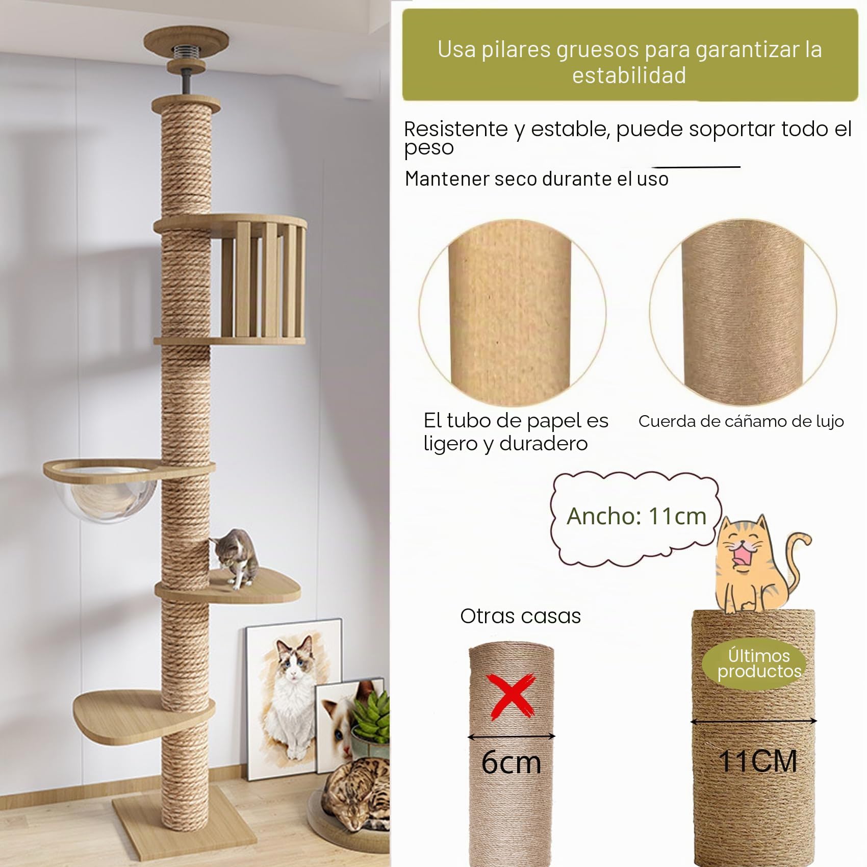 Árbol para gatos de suelo a techo, altura ajustable, 240-250 cm, con poste rascador de 11 cm de diámetro, hamaca para gatos, resistente y duradero
