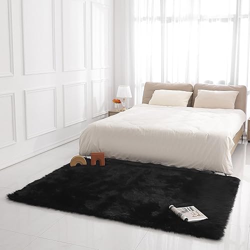 Miniatura 136 de Alfombra de piel sintética de piel de oveja, esponjosa, esponjosa, color negro, de 3 x 4 pies, para dormitorio, mesita de noche, suelo, sala