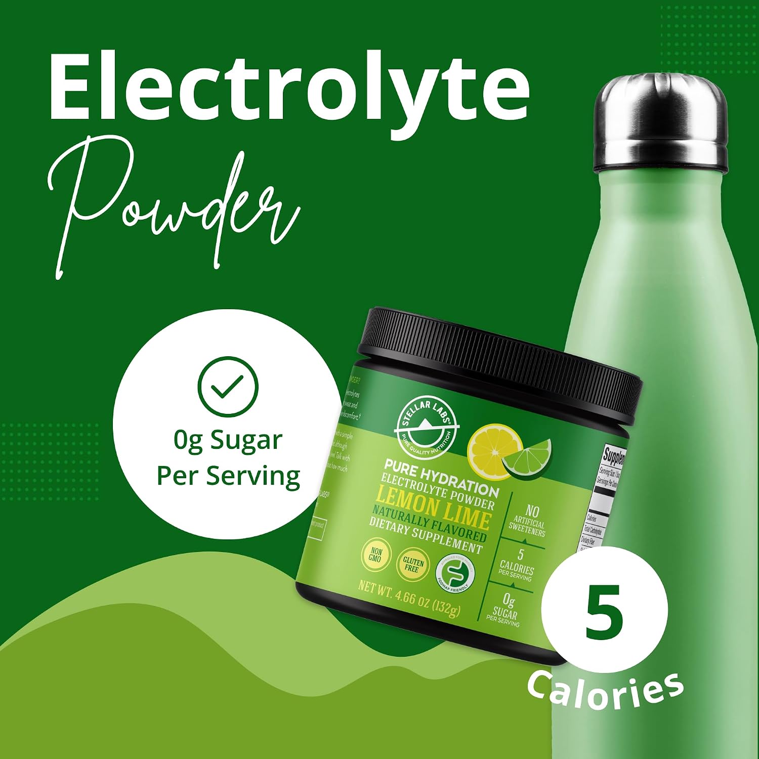 Stellar Labs Electrolyte Powder | Sugar Free Hydration Drink Mix | Low FODMAP Ingredients | Gluten Free | Lemon Lime | 40 Servings | Keto Friendly | Non-GMO