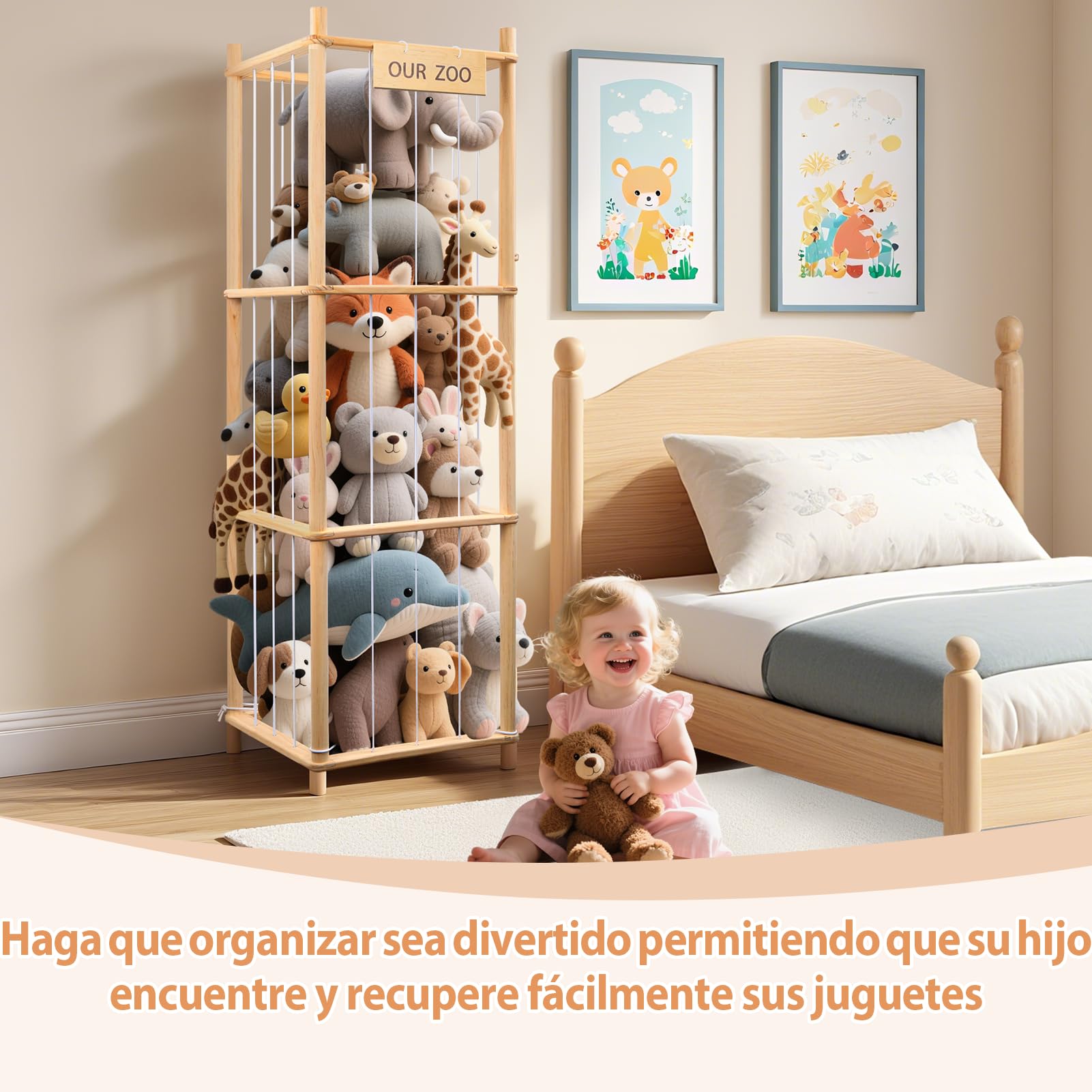 Organizador de Peluches, Gran Capacidad (136x40x40 cm), Ahorro de Espacio en Madera para Niños, Habitación, Sala de Juego, Dormitorio, Sala de Estar