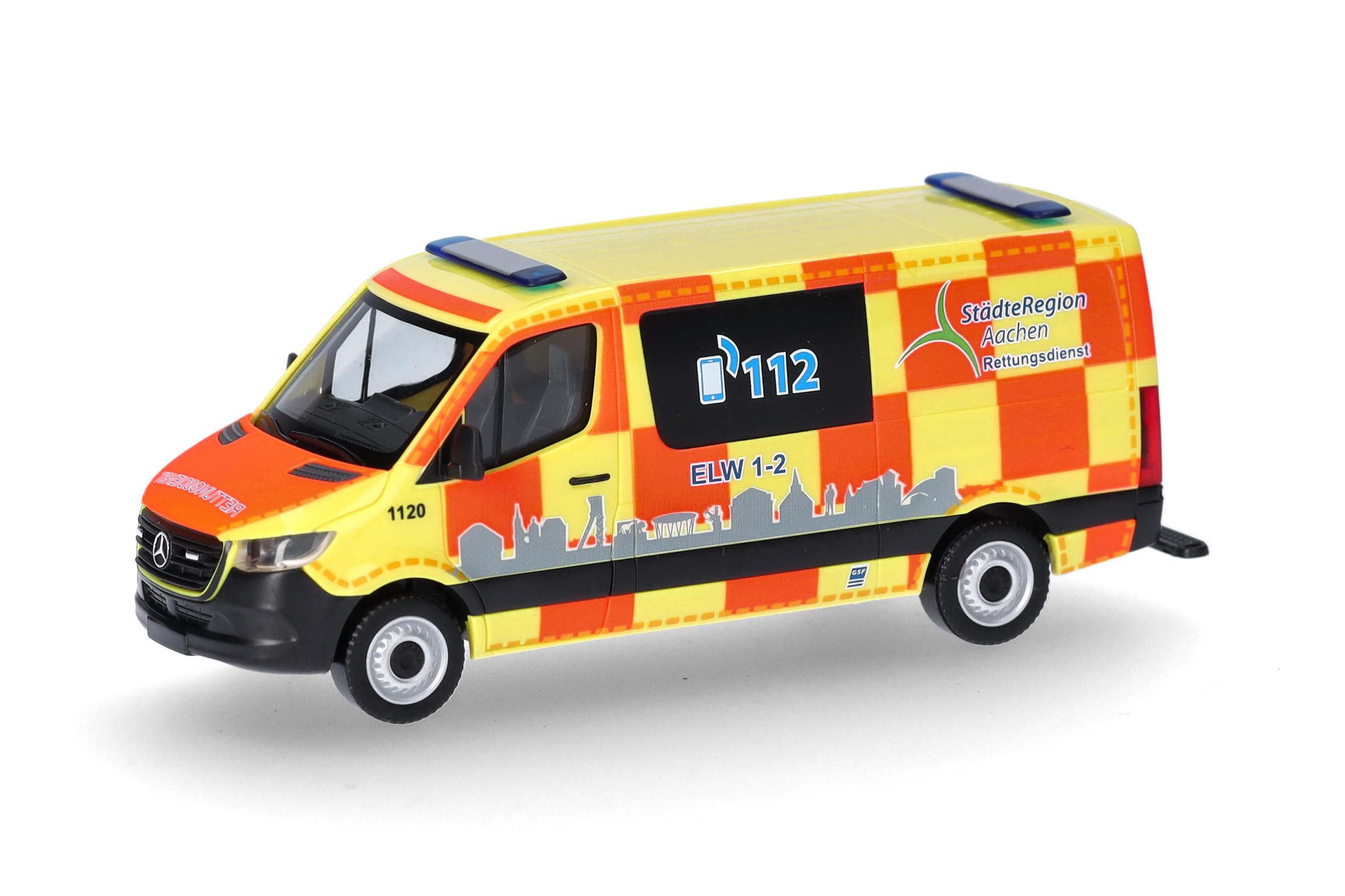 Herpa car model Mercedes-Benz Sprinter Flachdach "Rettungsdienst Städte Region Aachen", on a scale of 1:87, plastic miniature, made in Germany, model building, collectors edition