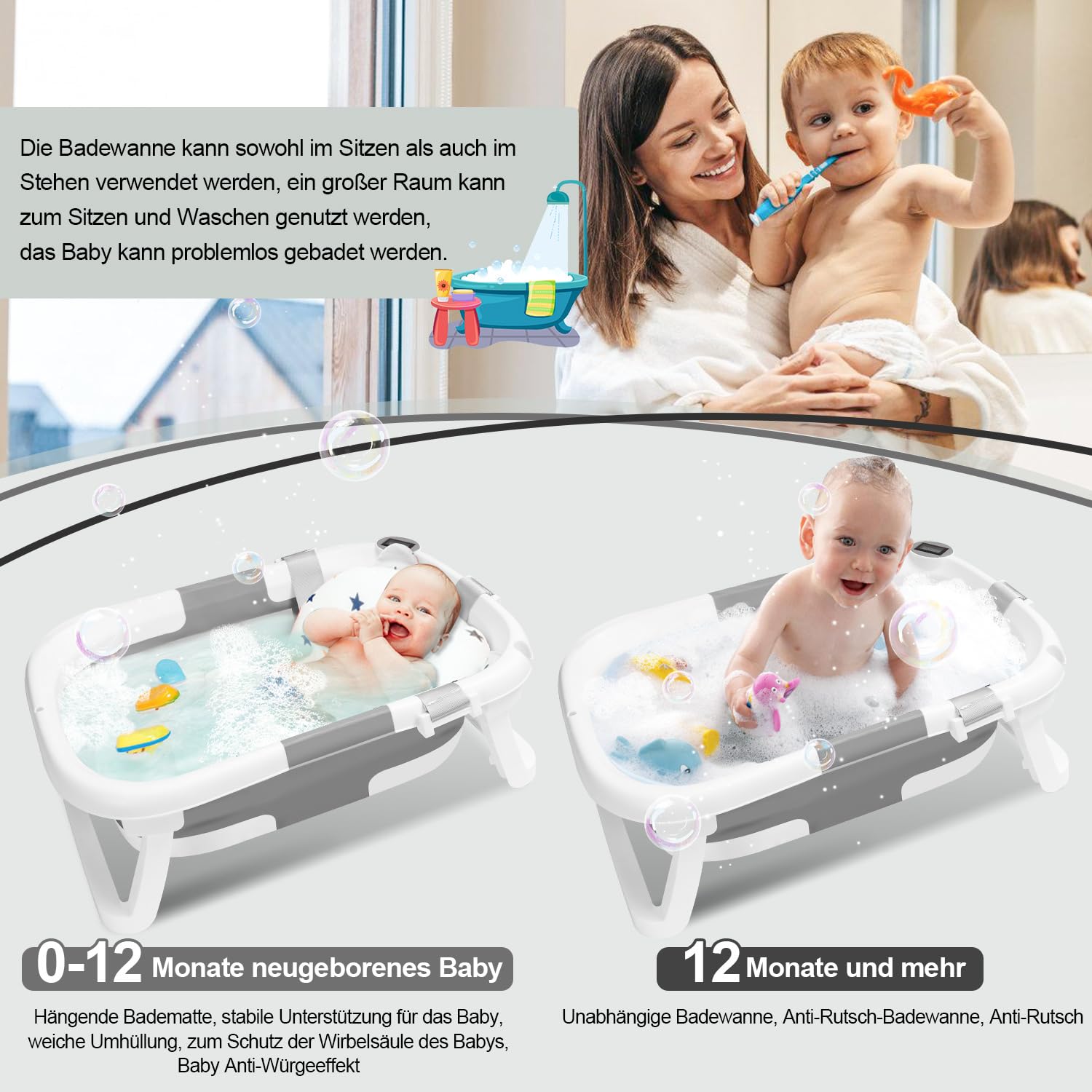Daromigo Faltbare Babybadewanne, mit Thermometer, Baby Badewanne mit Weichem Badekissen,Rutschfestem Ständer, Platzsparend, für Neugeborene Monate, Grau