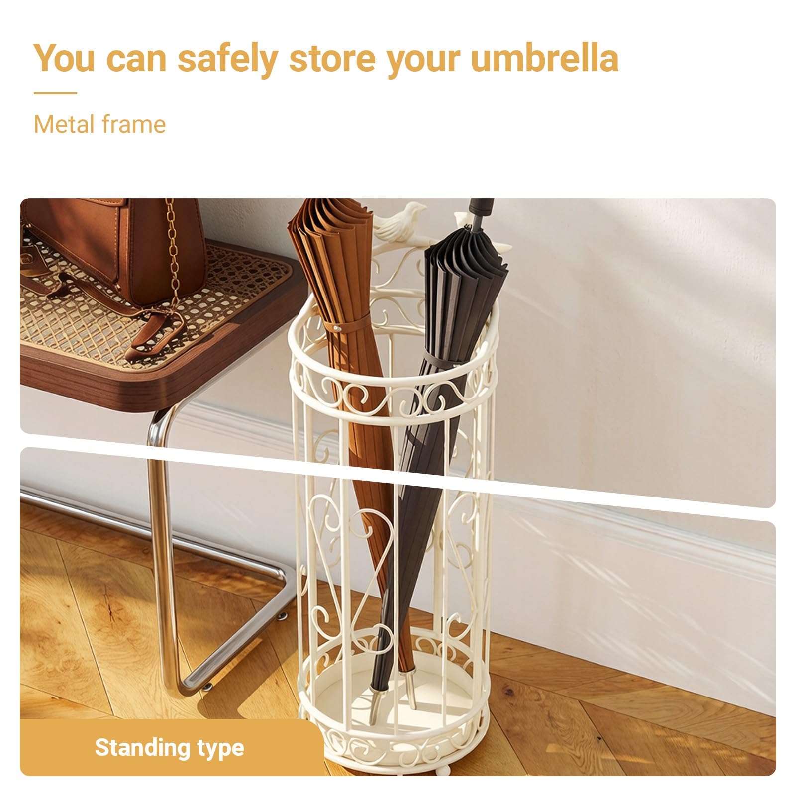 Panier à Parapluie Rond en métal avec bac d'égouttage Amovible, Grande capacité, Support de Parapluie Commercial Vintage avec Design Creux pour entrée, Couloir, doré-21,5 x 60 cm/8,5 x 23,6 Pouces
