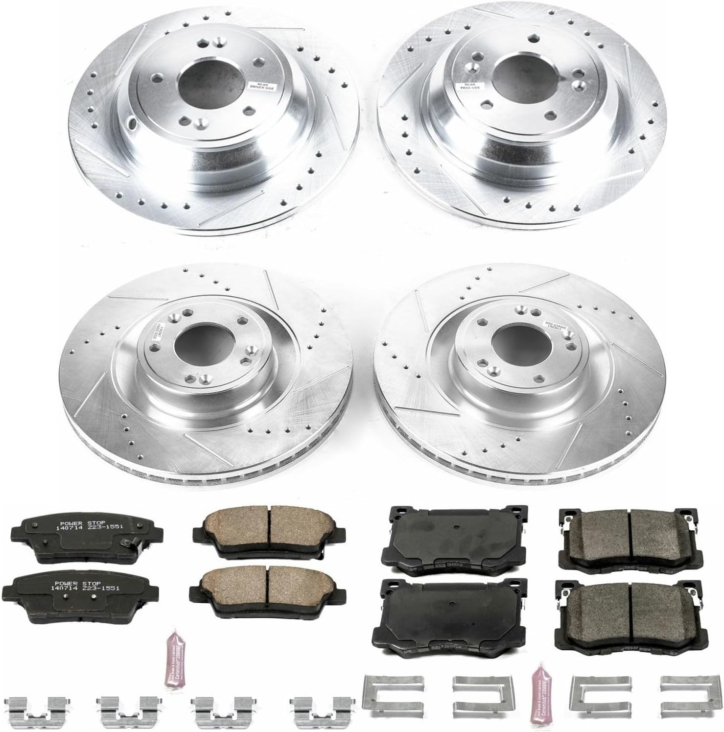 PowerStop Front and Rear Brake Kit For Hyundai Genesis 2015-16 | Kia K900 2015-17 - Drilled and Slotted Disc Rotors with Ceramic Brake Pads Replacement, K7029
