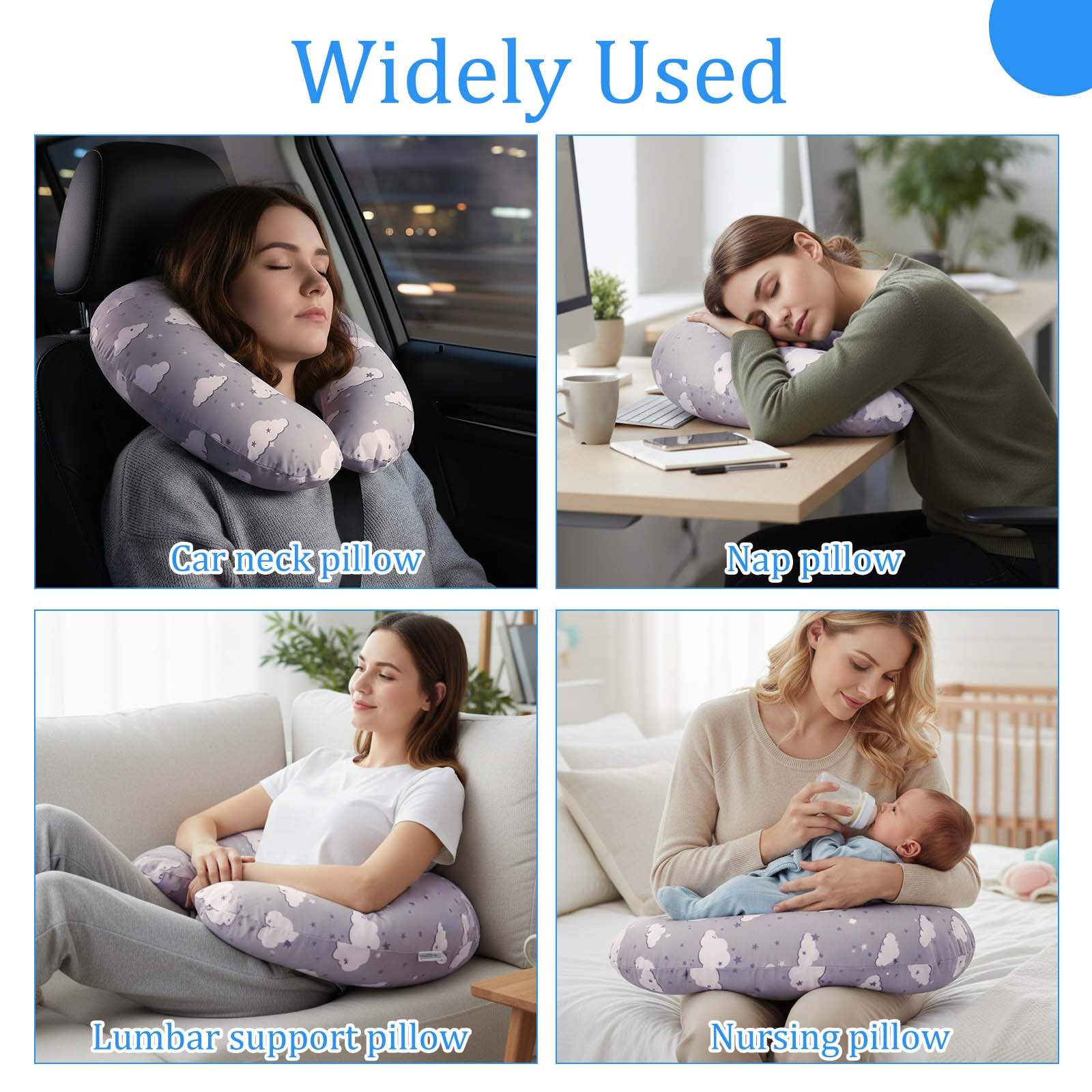 SHANNA Coussin d'allaitement en Coton, Coussin de Grossesse Multifonctionnel pour Maman et Bébé, Remplissage en Fibres, Soutien Ergonomique (Motif 2 Nuages et Étoiles)