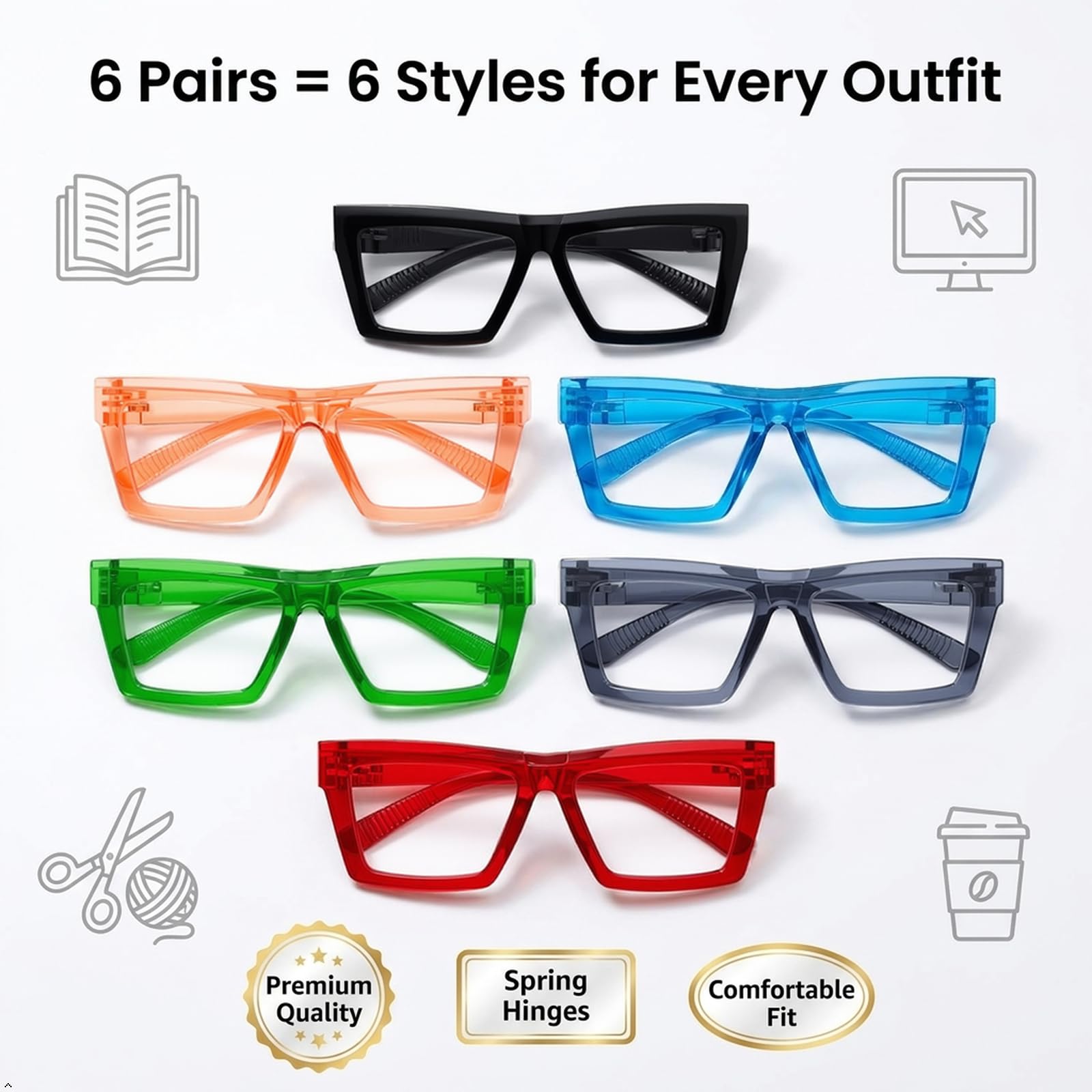 Eyekepper 6 Paia Cateye Occhiali da Lettura Cerniere a Molla Senza Viti Senza Metallo Lettori di per Donna
