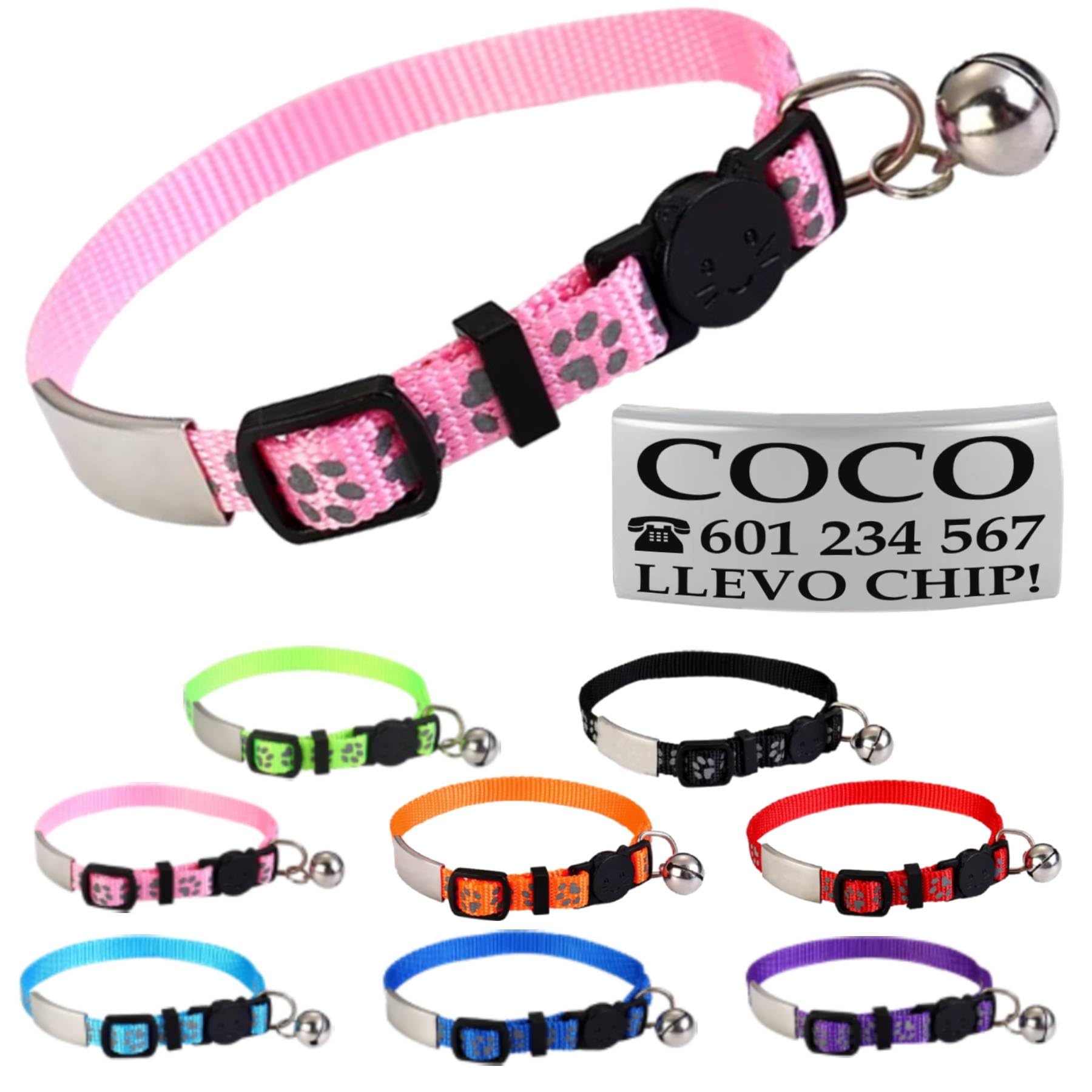 Collar Gato Personalizado Antiahogo y Reflectante, Ajustable De 22 a 30 cm, Grabado Con Nombre, Para Gatos De Todos Los Tamaños, Sin Cascabel (Rosa)