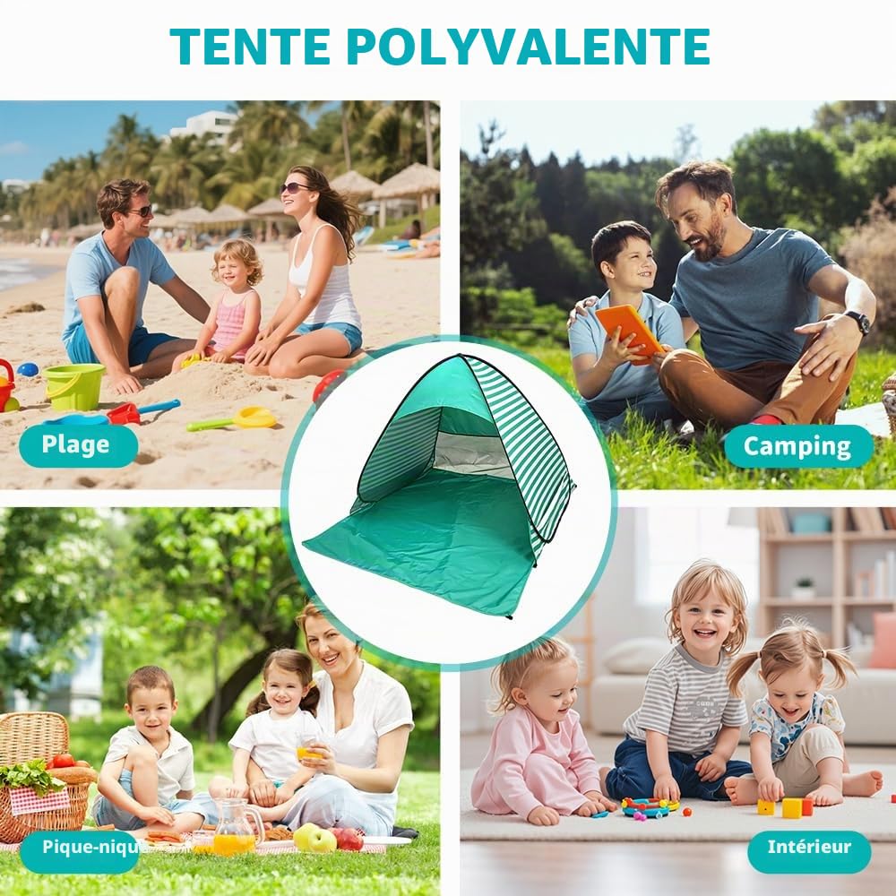 Tente de Plage, Tente Anti UV pour 2-3 Personnes, Tente de Plage pour Bébé avec Protection UV 50, Sac de Transport et Piquets Inclus, Idéal pour Les Tout-Petits, Les Pique-Niques et Le Jardin
