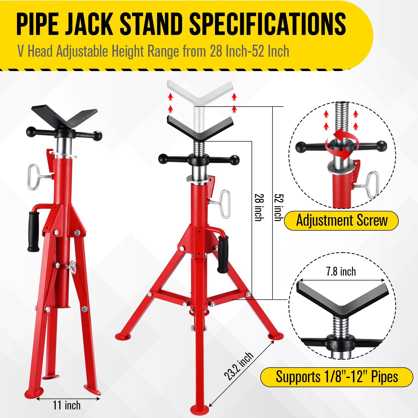 Garvee Support de Tuyau V-Head Robuste rougeur – Hauteur réglable 71-132 cm – Capacité réelle 1134 kg (2500 LB) – Trépied Pliable en Acier pour Soudure et Filetage – Convient tuyaux 1/2''-12'' –