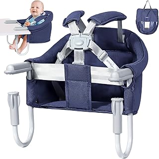Orzbow Hook-on Seats,Portable Hook on High Chair with 5-Point Safety Harness,Shoulder Strap Mats and Removable Seat Cushion,Stable Clip on Baby Chair for Home and Restaurant (Dark Blue)