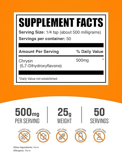 Miniatura 9 de BULKSUPPLEMENTS.COM Polvo de crisina - 5,7-dihidroxiflavona, suplemento de crisina, crisina 500 mg - Suplemento antioxidante, sin gluten, 500 mg por