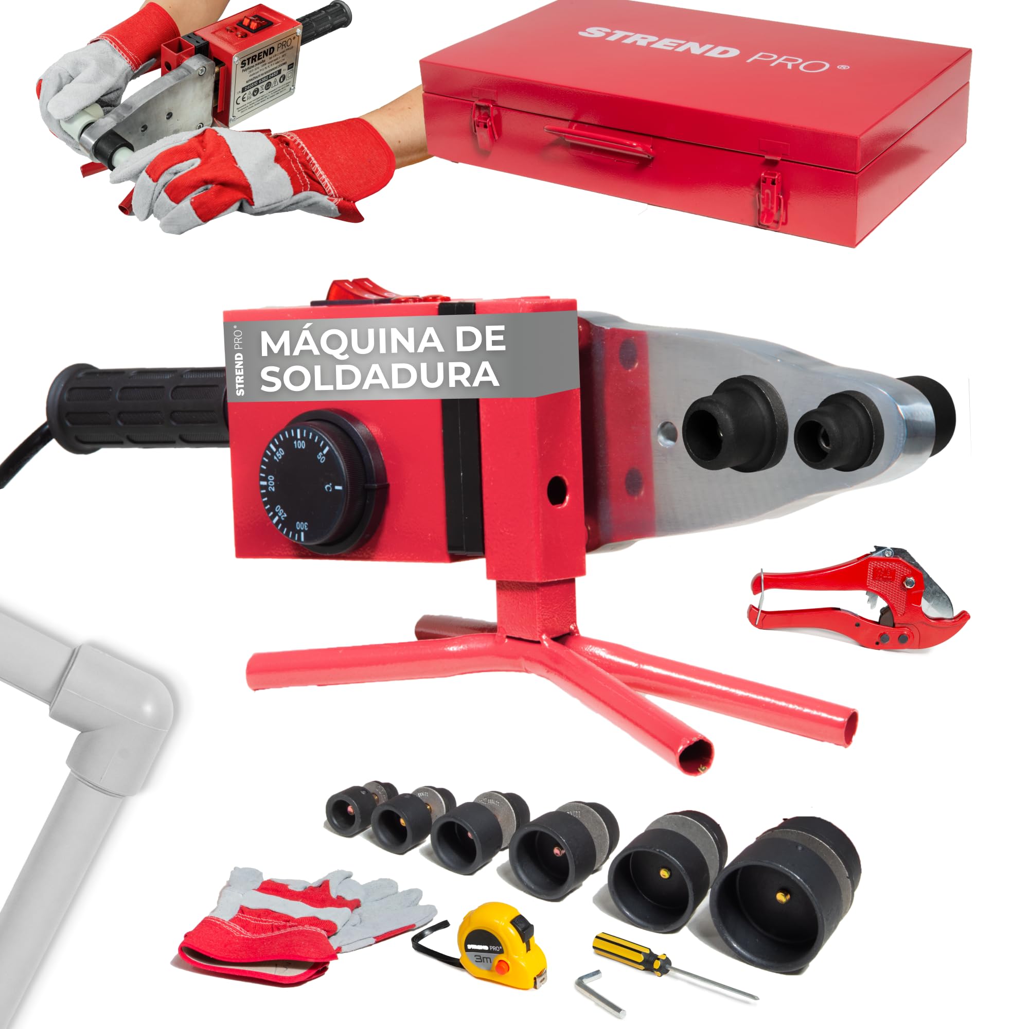 STREND PRO Soldador de manguitos | 1500W Polifusión | Soldadora para tubos de plástico Ø20–63 mm - PPR, PE | Soldador profesional con 14 accesorios | Control 0–300°C | Soldador