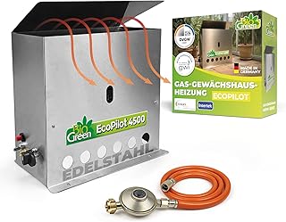 Bio Green Gas-gewächshausheizung EcoPilot, 4500 Watt, Silber, Thermostat-Regelbereich: 0° – 20° C, Edelstahl, Outdoor, Gas, 38x17x40 cm, für Gewächshäuser bis 22m², Bodenmontage
