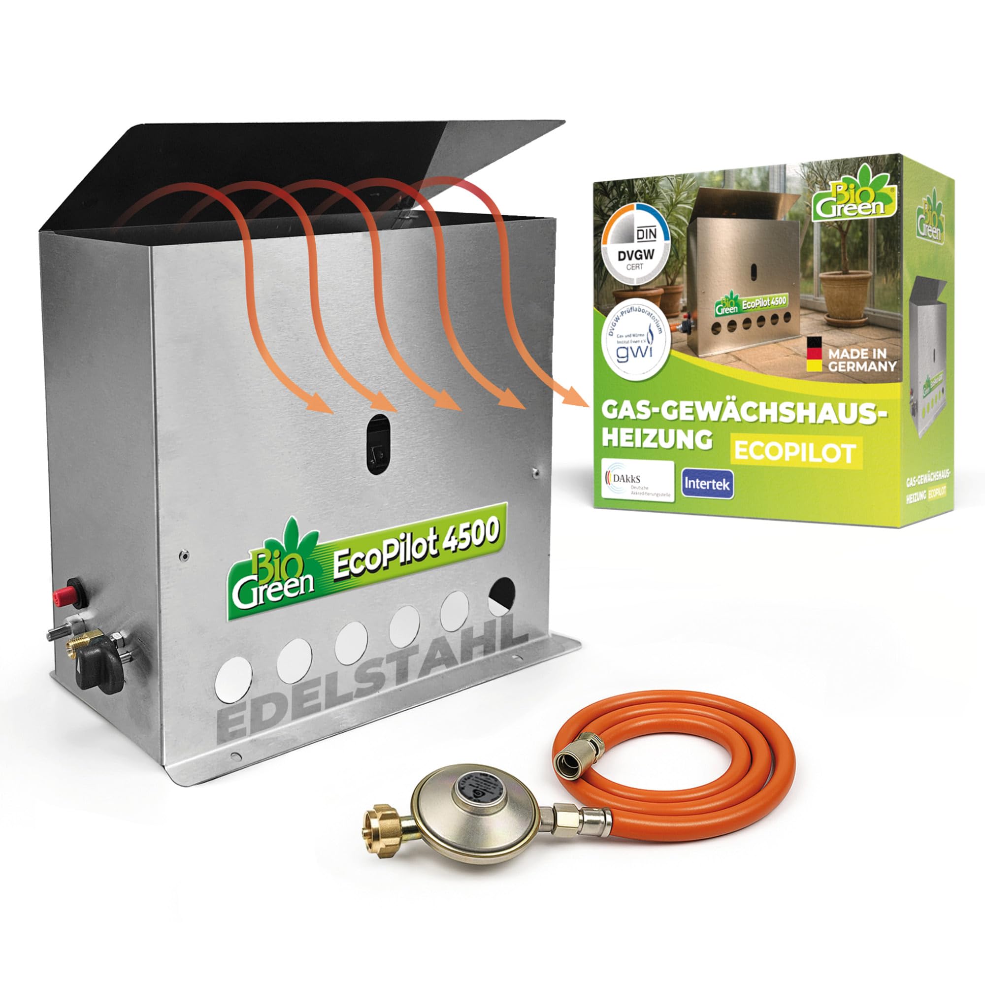 BioGreen EcoPilot 4500 Chauffage de serre à gaz 4500W acier inoxydable argenté 38x17x40 cm pour serres jusqu'à 22 m²
