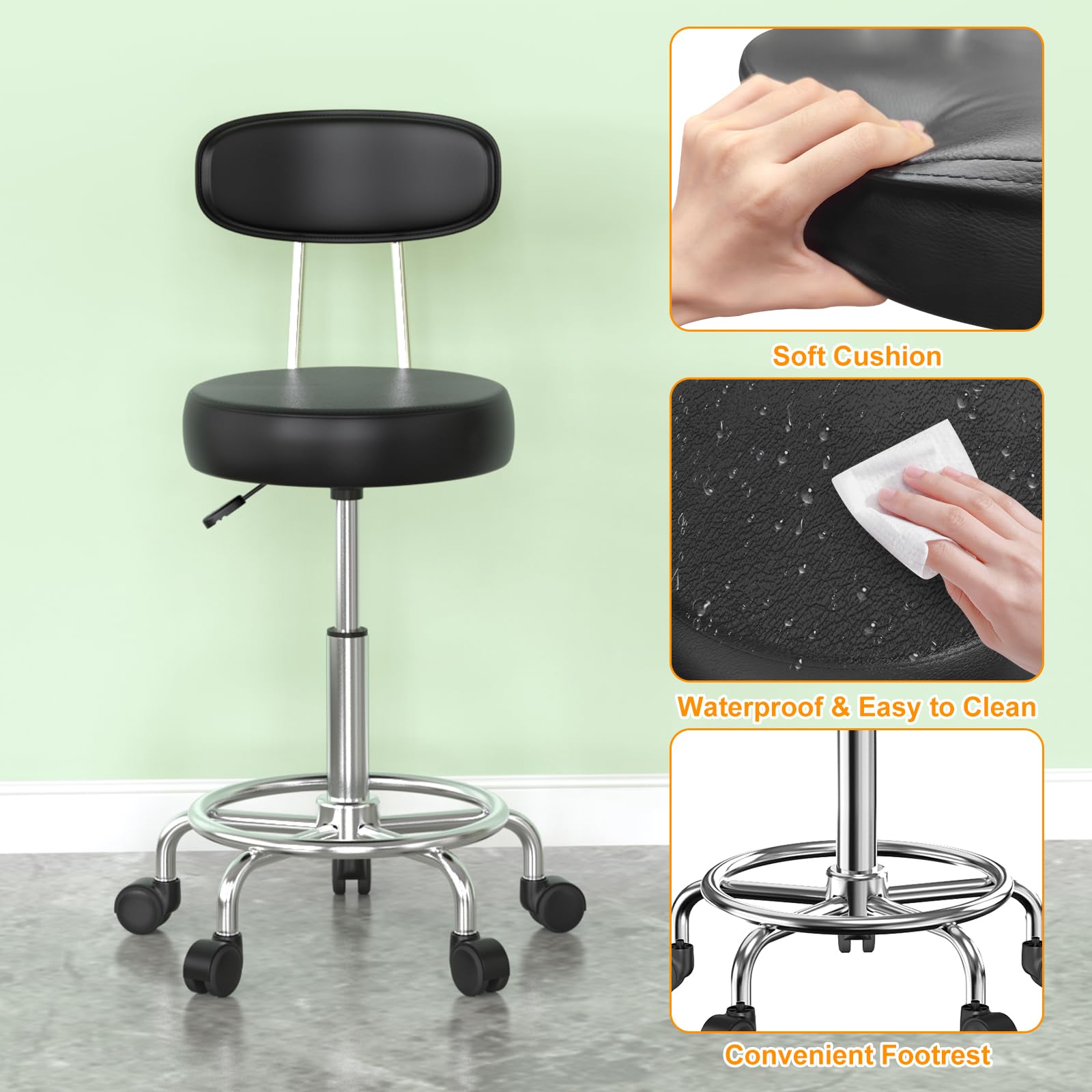 Lot de 2 Tabouret de Bureau avec Dossier,Tabouret à roulettes Rotation à 360°Hauteur Réglable 49-64cm,Tabouret de Travail chaises de Bar avec Roues, pour Salon de Massage, Bureau,Noir