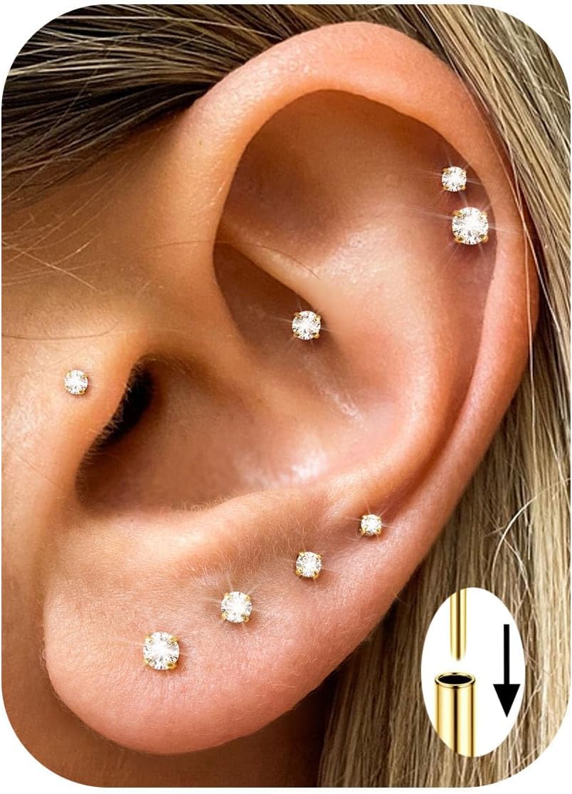 G23 Implant Grade Titanium Earrings for Women 20G/18G/16G Threadless Flat Back Stud Earrings 14K Gold Plated Tragus Piercing Jewelry Hypoallergenic Push in Helix Cartilage Medusa Piercing Jewelry