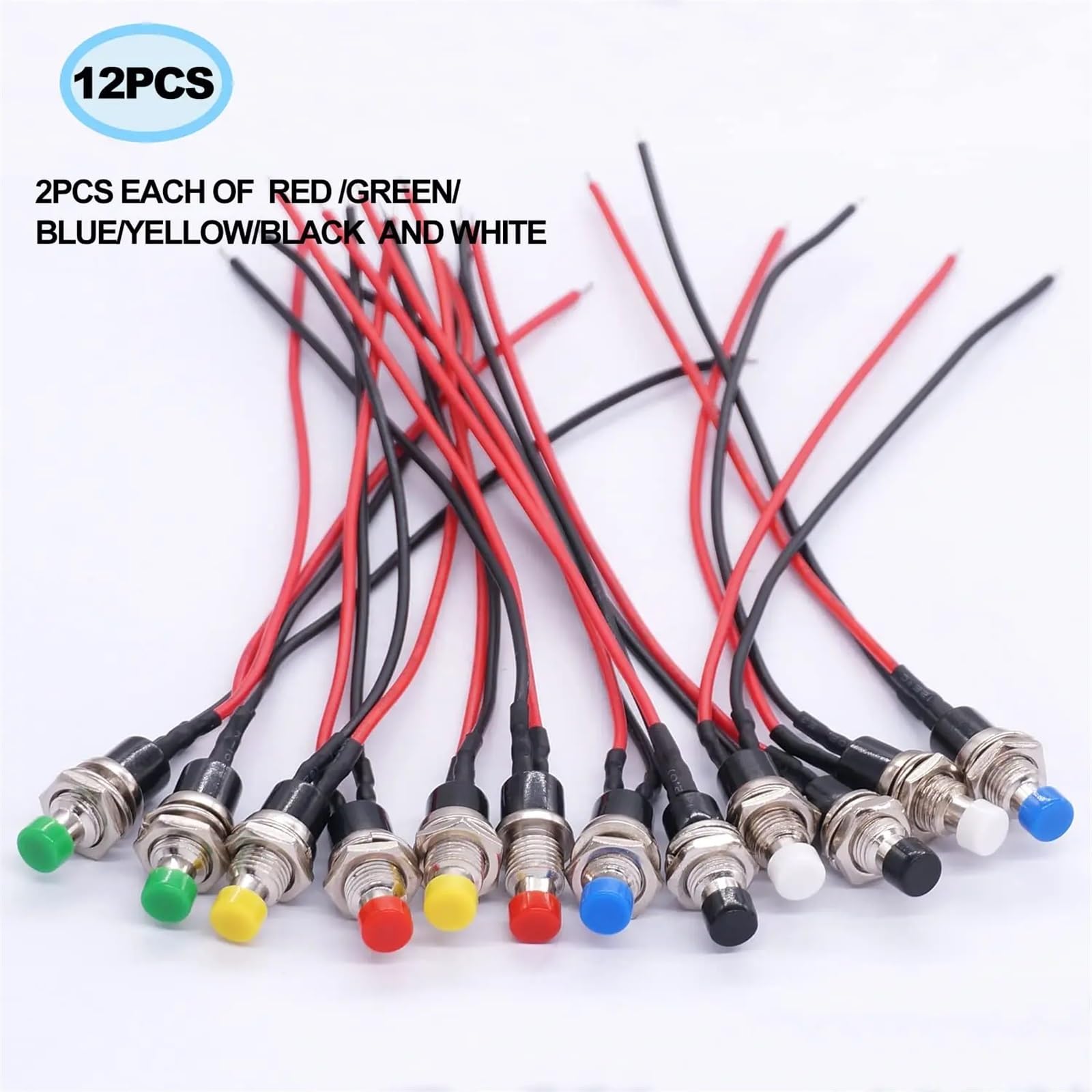 PBS-110-X6C Drucktaster, 1 A, 250 V AC, 2-polig, SPST, 6 Farben, normal offen, mit vorgelöteten Drähten, 10 Stück (12 Stück rot)