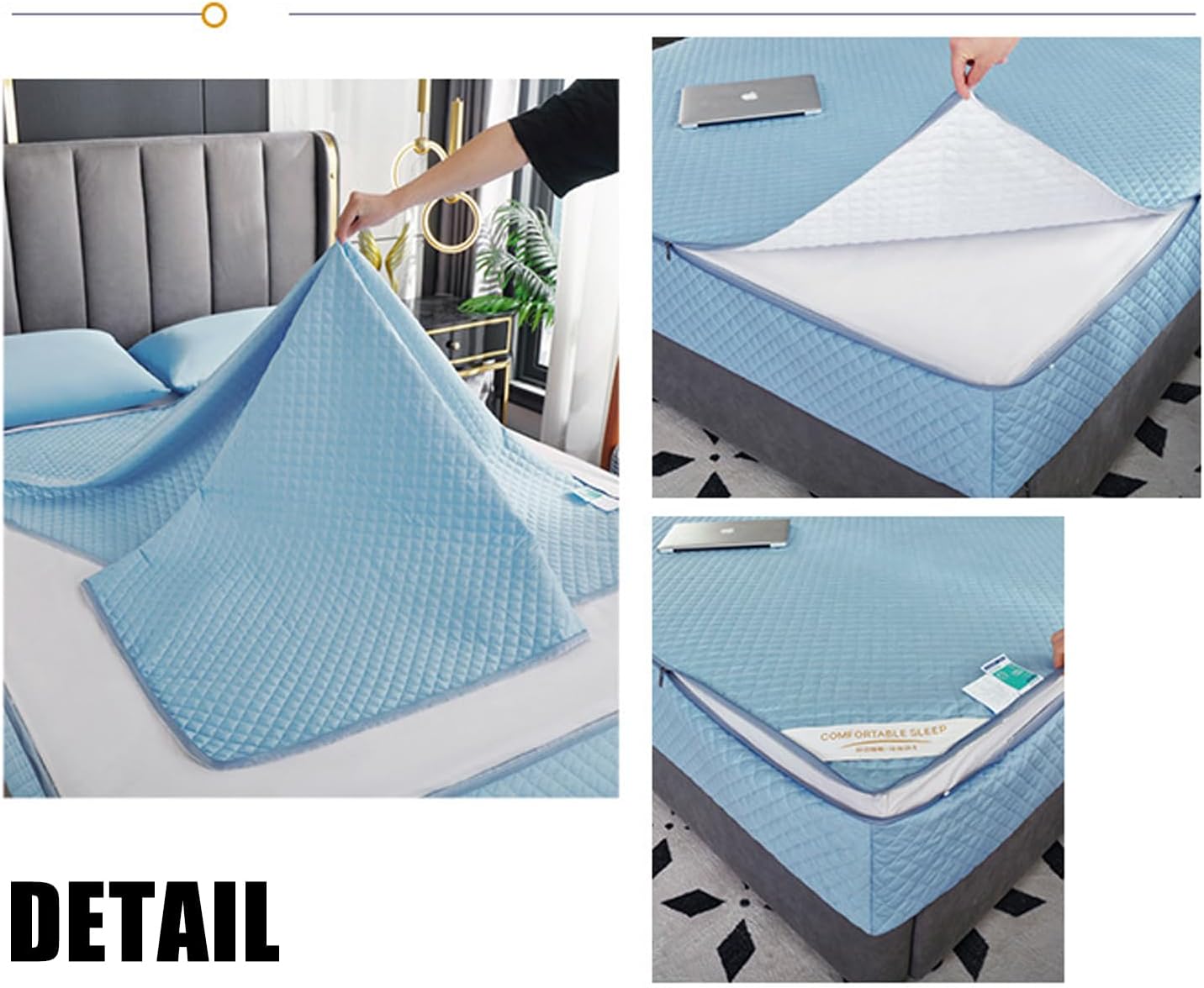 Blue,180 * 200+10cm, 100% Cotton Mattress Protector Soft Mattress Cover with Zipper Zip Up Fitted Sheet 6-Side Fully Wrap Mattress Topper Comfortable Mattress Encasement Cover Washable