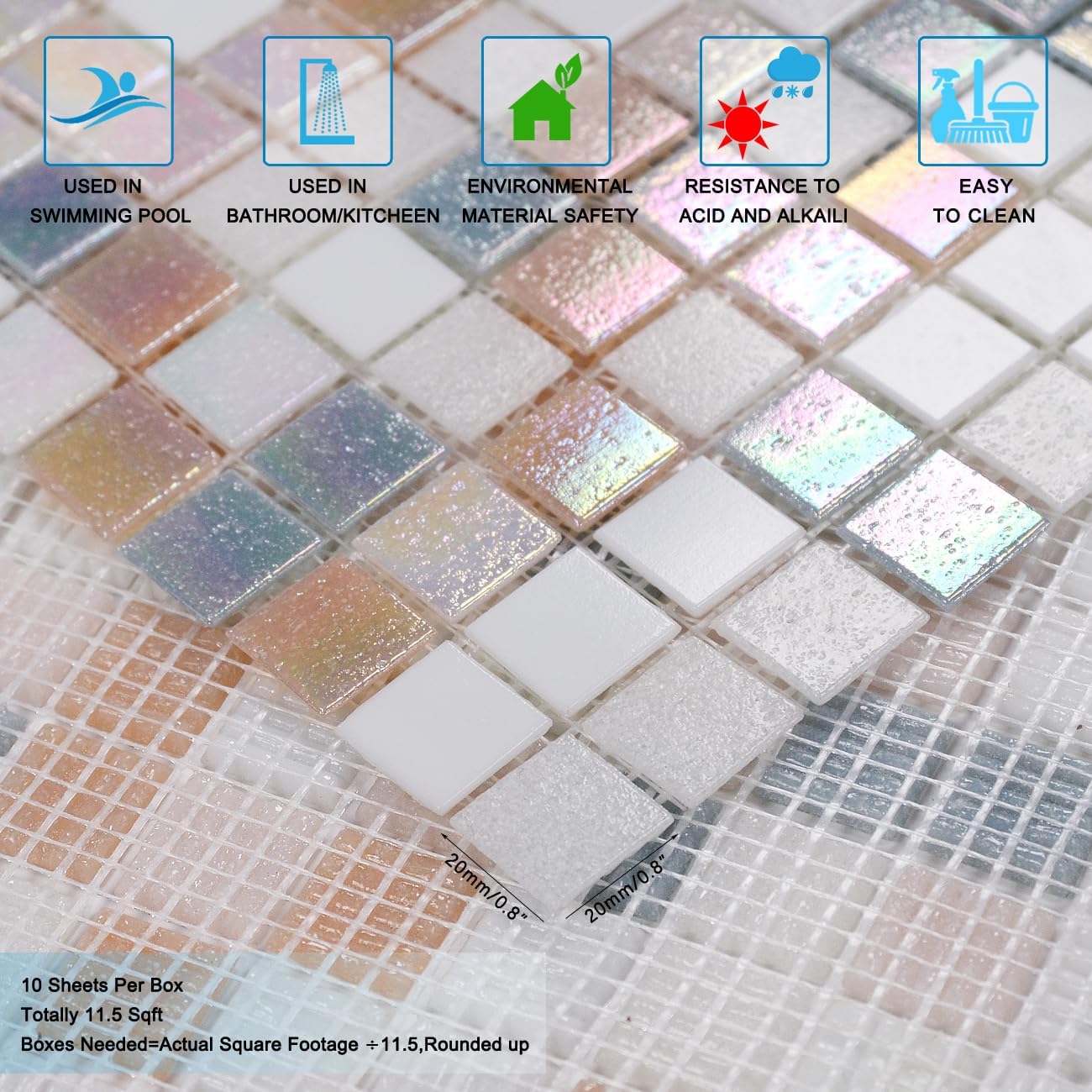 Glass Tiles for Backsplash, Iridescent Pastel Rainbow Glass Mosaic Backsplash Tiles for Bathroom & Kids Shower, 11.5 Sq.Ft (Rainbow Mix)
