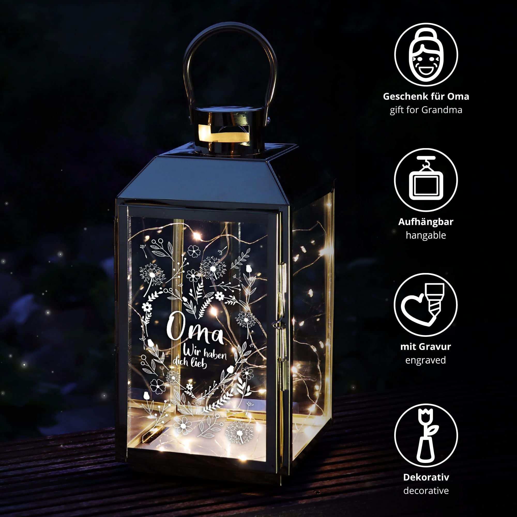 Laterne mit Gravur für Oma, Deko Kerzen Windlicht, Geschenk für Oma, Outdoor Garten Dekoration, Gravierte Edelstahl Laterne, Vintage Terrassen Beleuchtung, Wetterfeste Gold Gartenlaterne