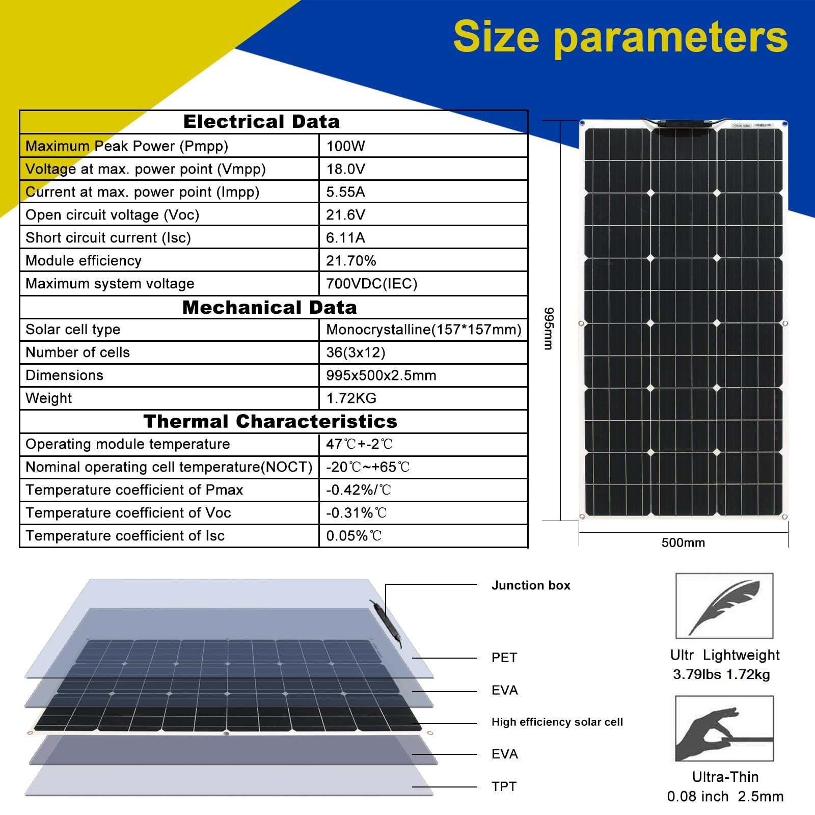 Pannello solare flessibile kit 100 W 12 V pannello solare caricabatterie con controller solare 10 A per roulotte, camper, auto e per caricare batterie da 12 V (100)