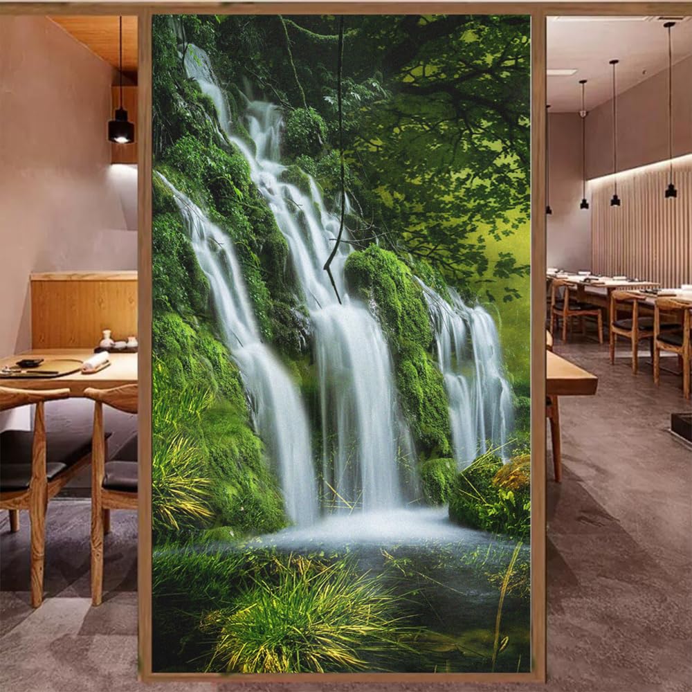 Sichtschutz-Fensterfolie, Wasserfall-Szene, dekorative Glasfolie, mattiert, kleberfrei, statisch haftend, Glasfensteraufkleber für Zuhause, Büro, B 31,4 x H 78,74 cm (80 x 200 cm)