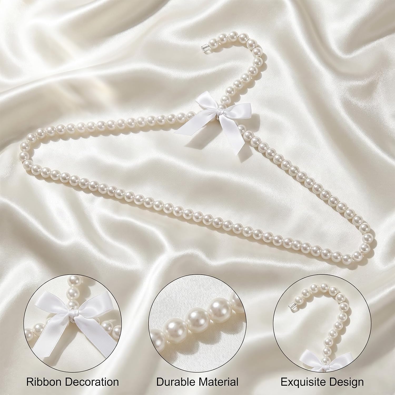 12Pcs 16 Inch Pearl Beaded Clothes Hanger, Metal Clothes Hangers with Ribbon Bowknot, Elegant Wedding Dress Hangers Standard for Women Bride Wedding Dress Coat Shirt (White)