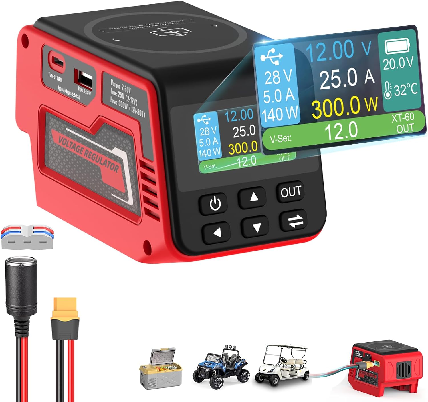 300W Voltage Regulator Compatible with Milwaukee 18V Battery (Battery Not Included), 2–30V Adjustable DC Output, 100W Type-C PD Fast Charging, 15W Wireless Charger