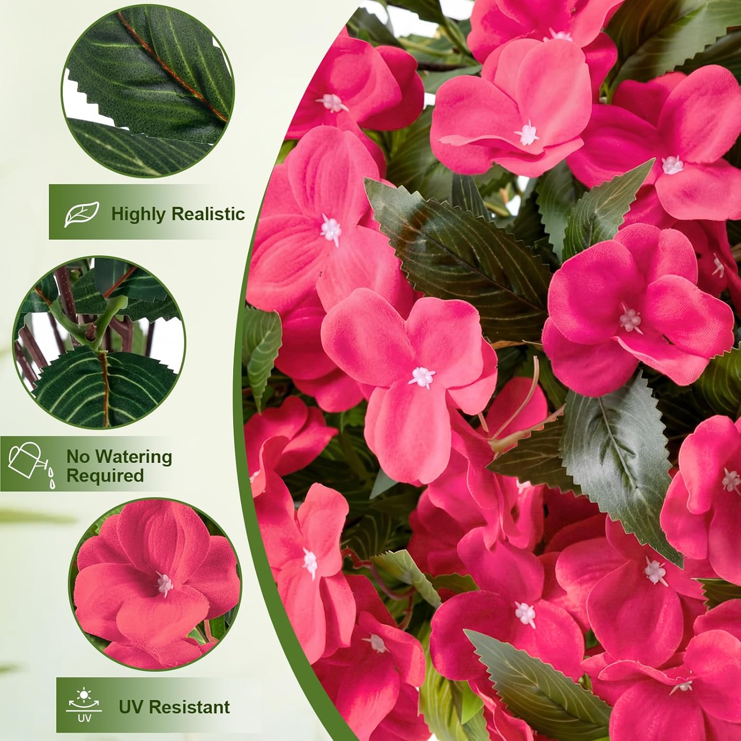 2 Set Potted Artificial Impatiens Topiary - Faux Silk Flower Potted Plants for Front Porch Decor, UV Resistant Fake Impatiens Bushes for Outdoor Indoor Garden Yard Home Decor(Rose Red)