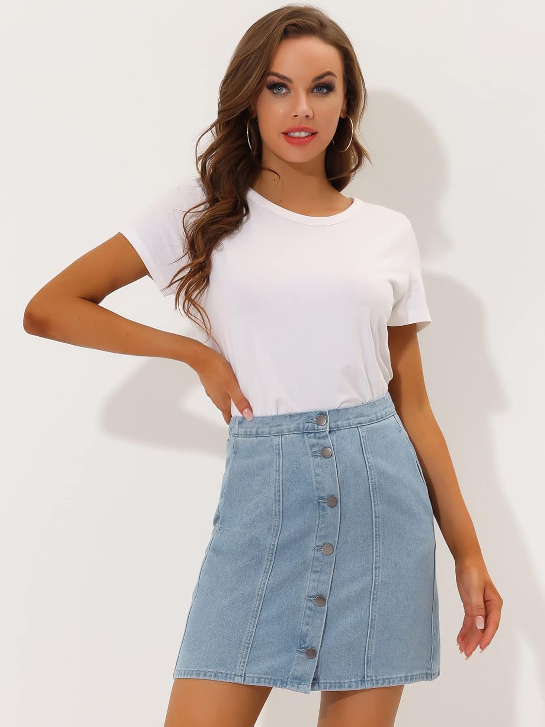 Allegra K Women's Summer Denim Skirt with Pockets Button Front Casual Short Skirts - Image 2