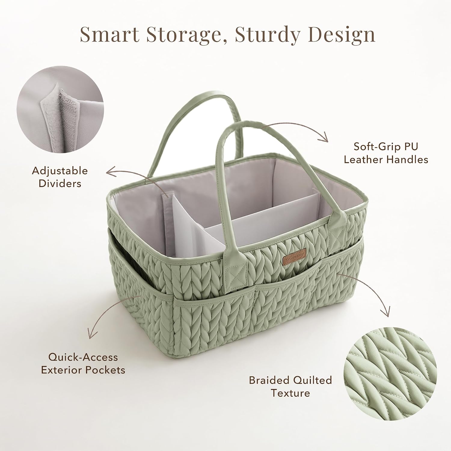  Baby Diaper Caddy Organizer, Braided Quilted Design with PU Handles | Water-Repellent, Portable Diaper Caddy Basket, Boho Nursery Organizer for Changing Table, Newborn Essentials (Fog Green) thumbnail