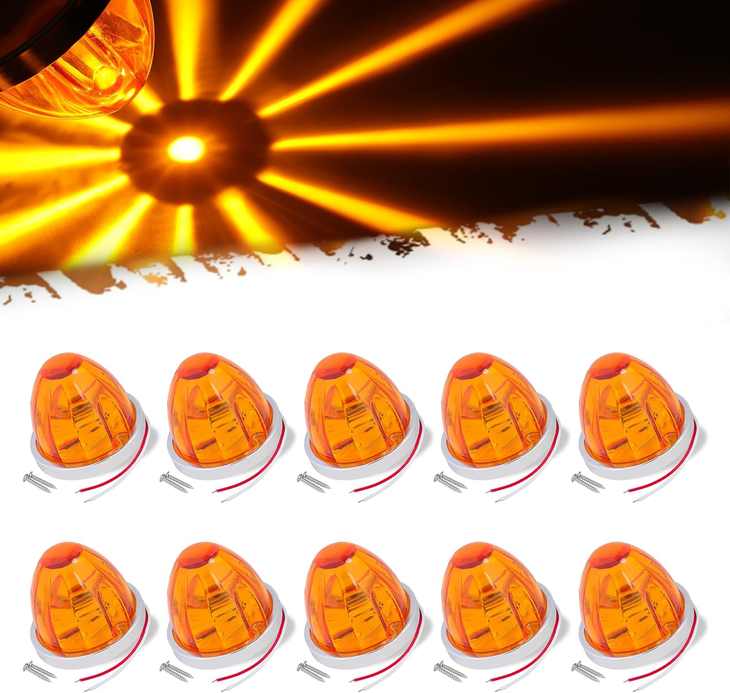 10 Pcs Amber Watermelon LED Light with Stainless Steel Bracket, 12V Marker Clearance Lights for Semi Truck, Freightliner, Kenworth, Peterbilt, Heavy-Duty Trailers