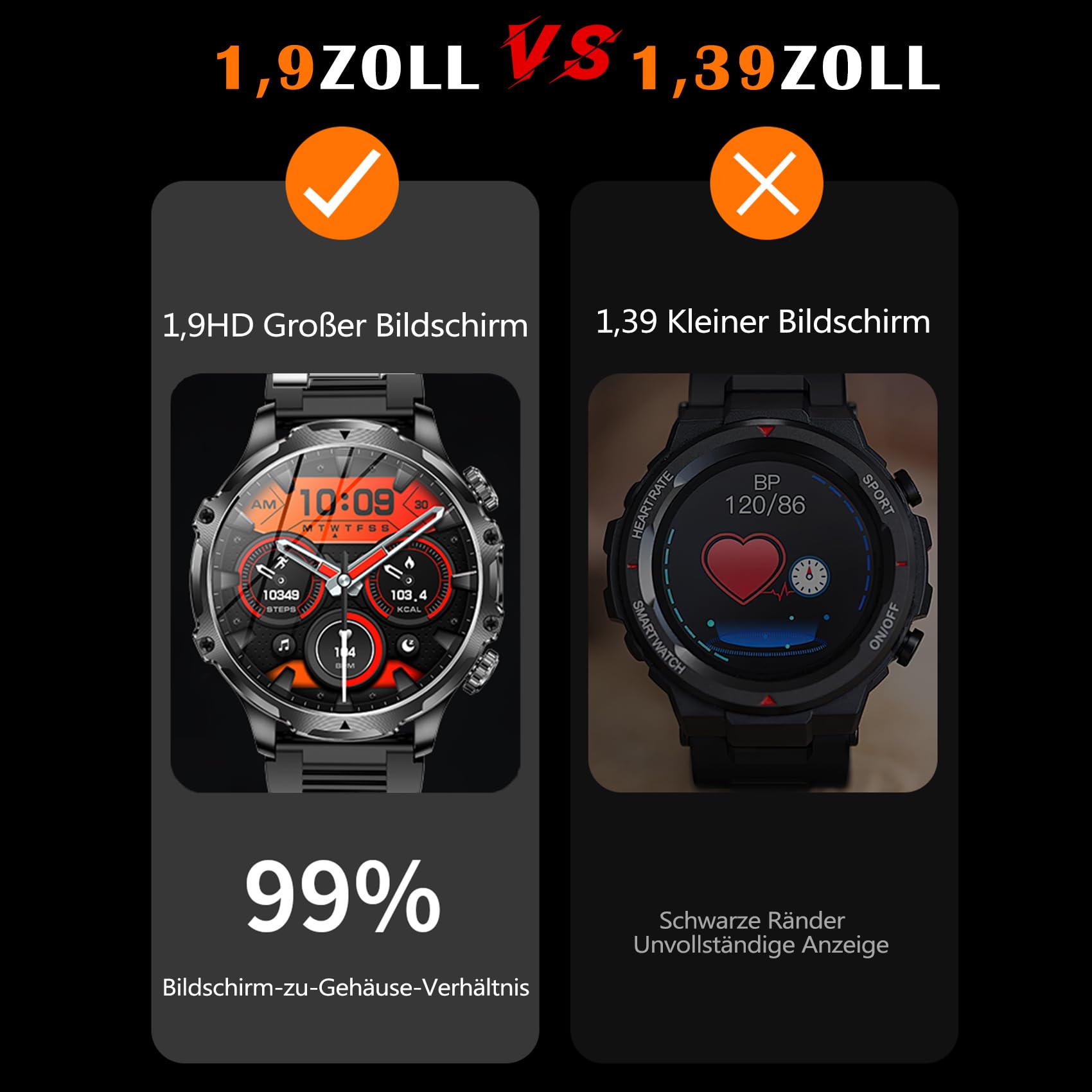 Montre Connectée Homme avec 1.9'' Grand Écran Acier Inoxydable Smartwatch Homme LED Lampe de Poche, Appel Bluetooth Fréquence Cardiaque Sommeil Surveillance Sportifs Podomètre Étanche IP68