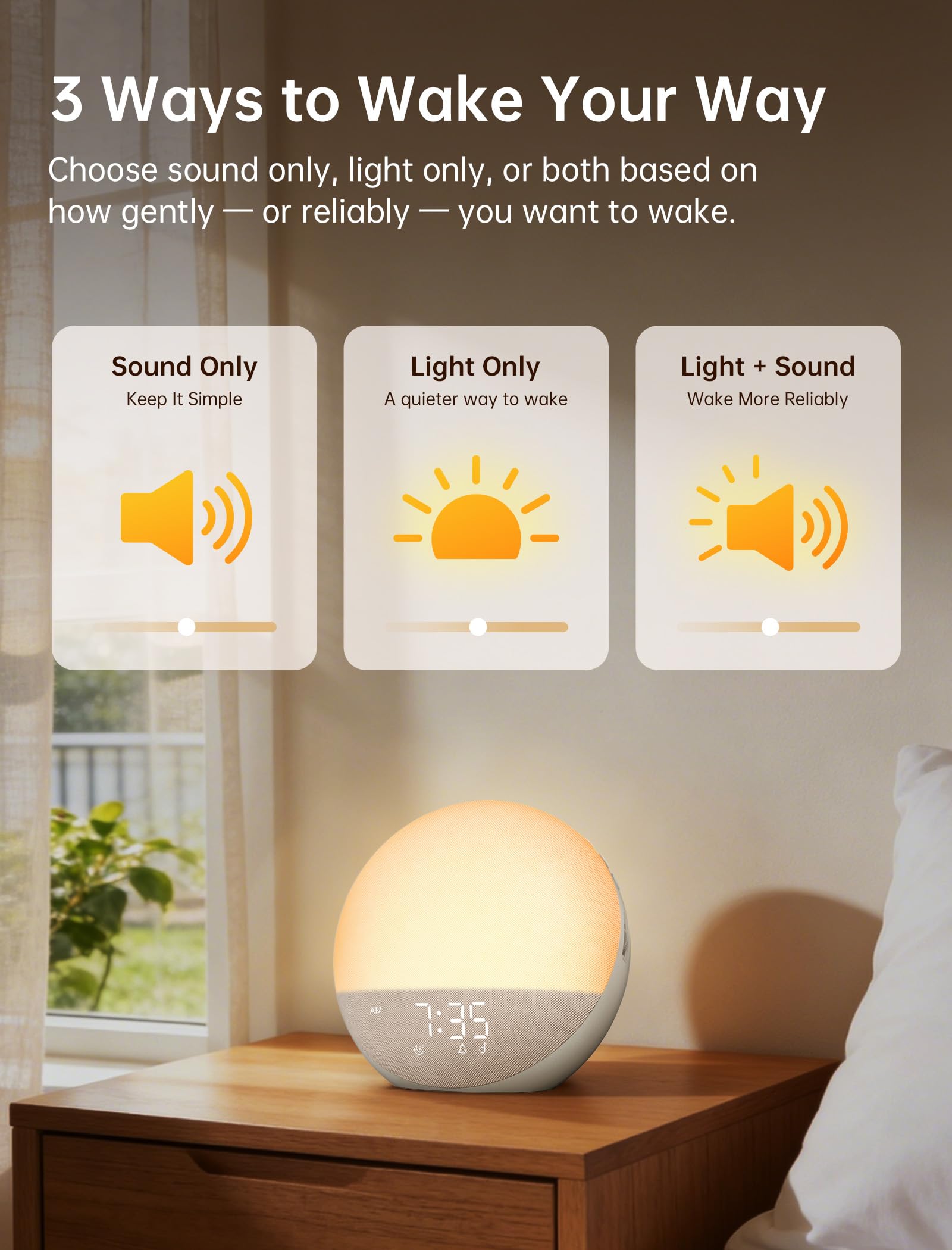 Odokee Reloj despertador Sunrise con máquina de sonido: luz de despertador suave y 7 sonidos de alarma para dormitorio, 3 modos de despertar y 32 niveles de volumen para masilla matutina sin estrés