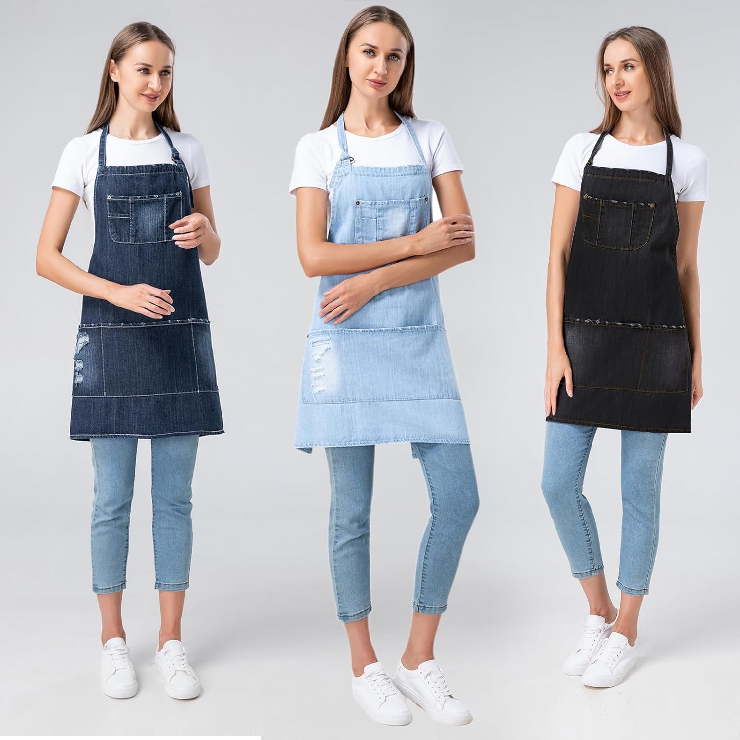Denim Apron With 5 Pockets for Cooking Kitchens,Hairstylist Aprons for Women Men,Adjustable Bib Jean Apron for Arts Gardening Cafes Bars Work - Image 7