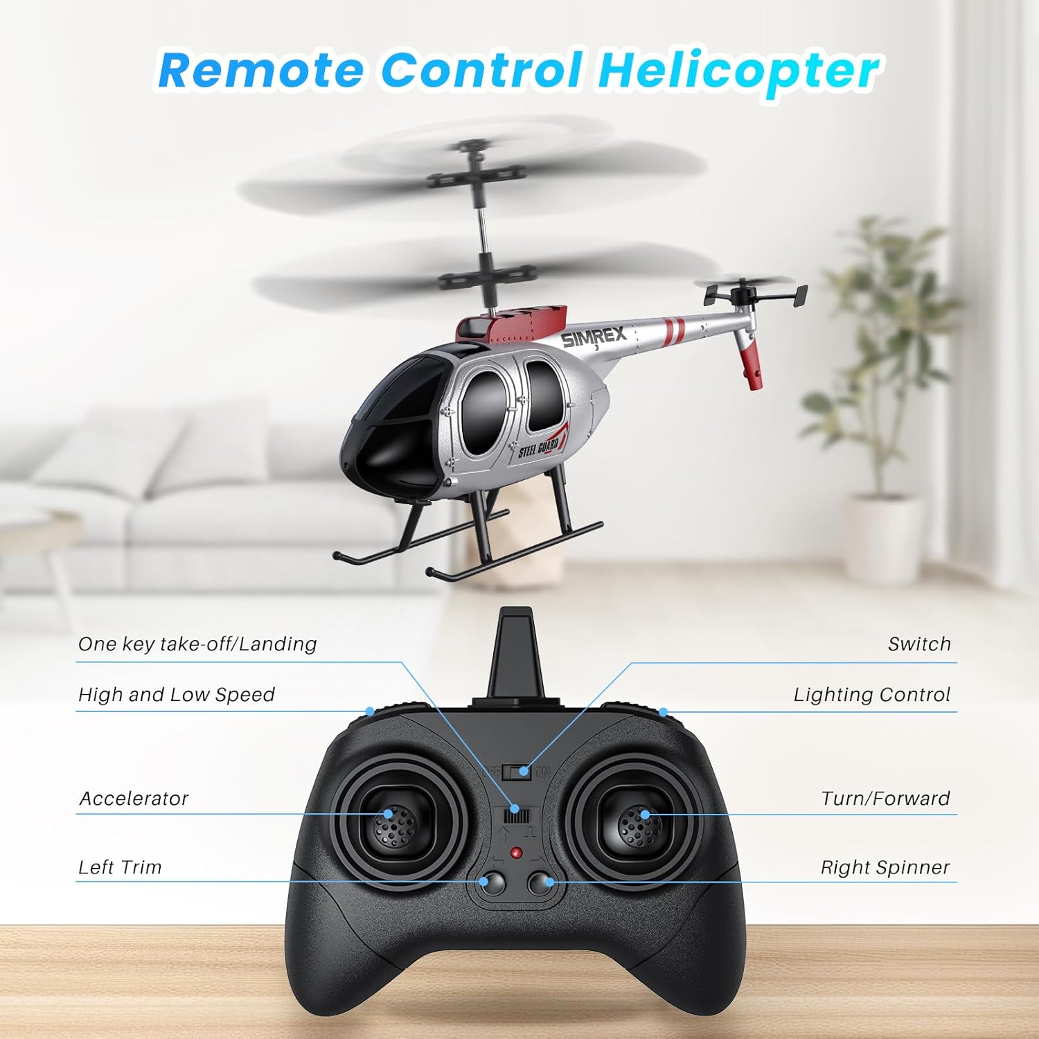 Diagram of SIMREX RC Helicopter remote control functions
