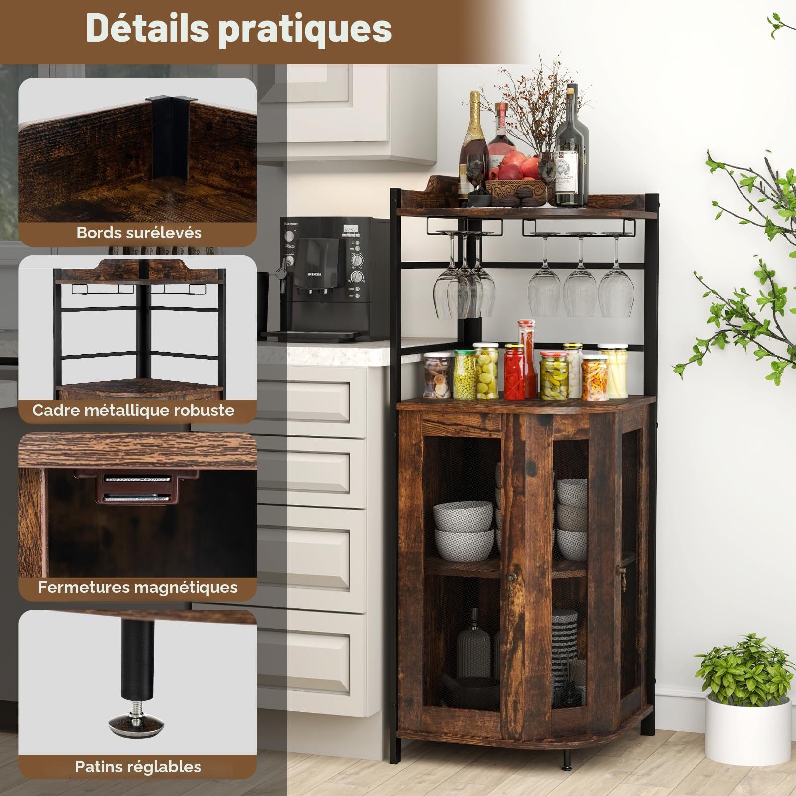GIANTEX Armoire à Vin Angle avec Etagère Réglable, Armoire de Bar avec Portes en Treillis Métallique, Buffet Cuisine Angle, Kit Anti-Basculement, Industriel, 47,5 x 47,5 x 130 CM