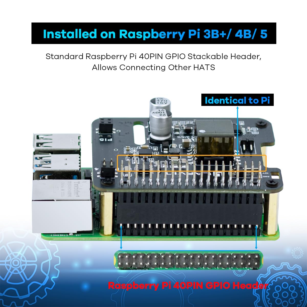 LAFVIN POE HAT Power Over Ethernet para Raspberry Pi 5/4B/3B+,5V/12V Header Outputs,40-pin GPIO Header — view 4