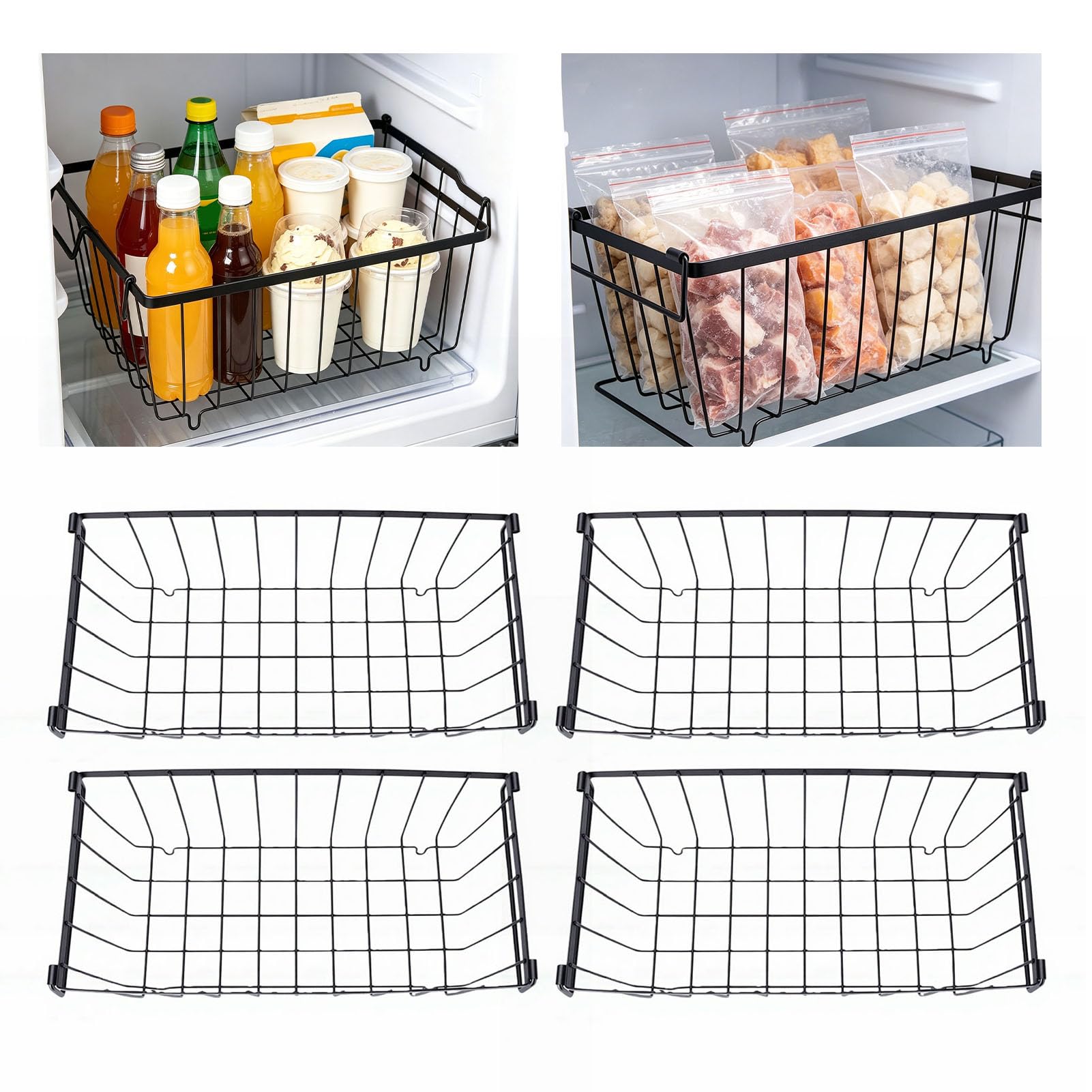 HEEPDD Contenedores Organizadores para Congelador, 4 Cestas de Almacenamiento para Congelador Horizontal con Asas para Clasificar Carnes Congeladas, Alimentos, Acero Al Carbono,