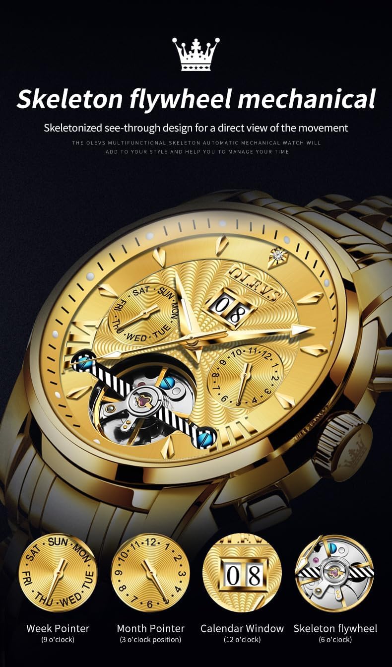 OLEVS Men Automatic Watch Self Winding Skeleton Mechanical Tourbillon  Classic Luxury Multi Calendar Stainless Steel Waterproof Wrist Watch for  Men, BLUE : Amazon.sg: Fashion