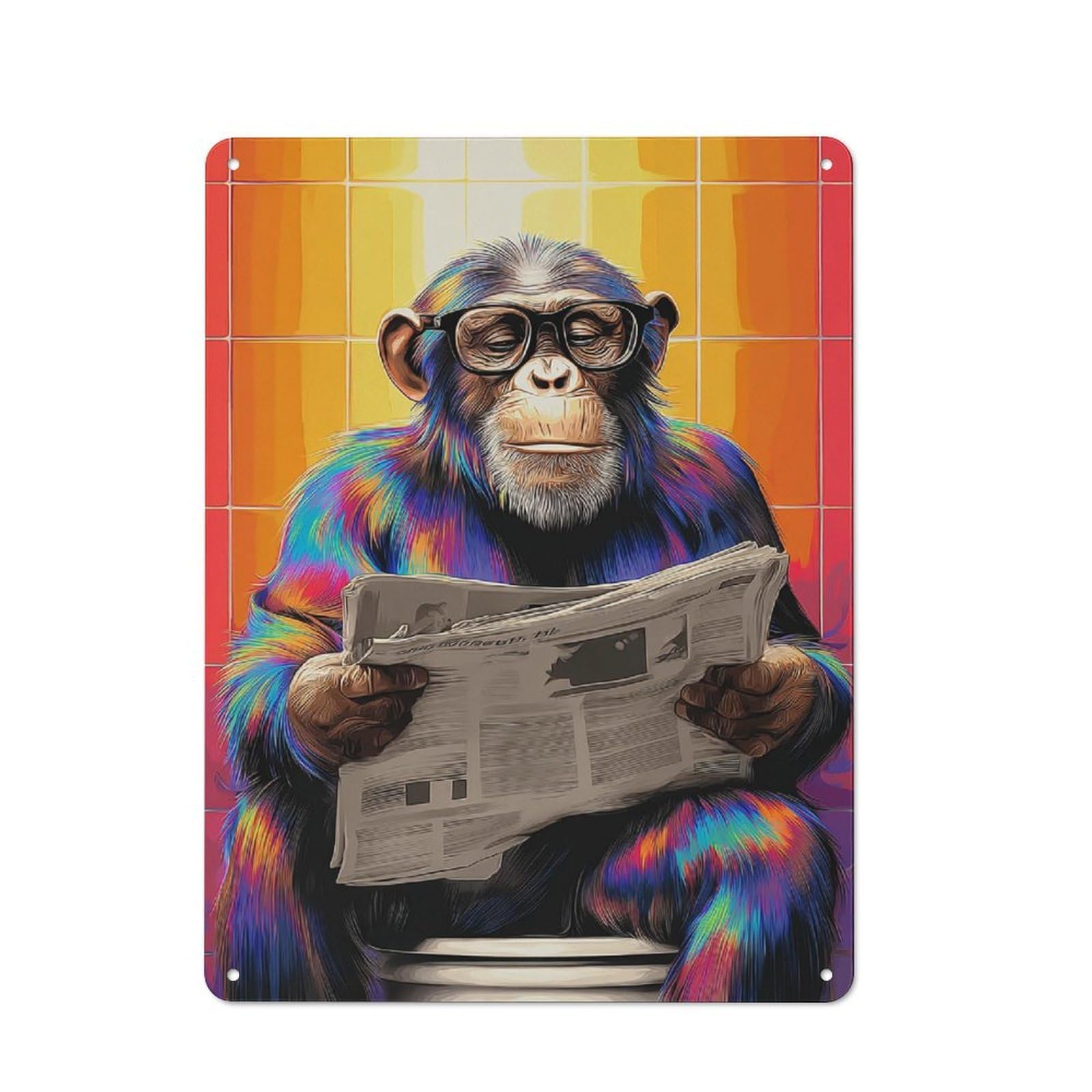Junmoney Chimp Reading Newspaper On Toilet Metal Wall Sign 40X30cm Featuring For Bar Or Restaurant, For Themed Interiors In Bars And Restaurants