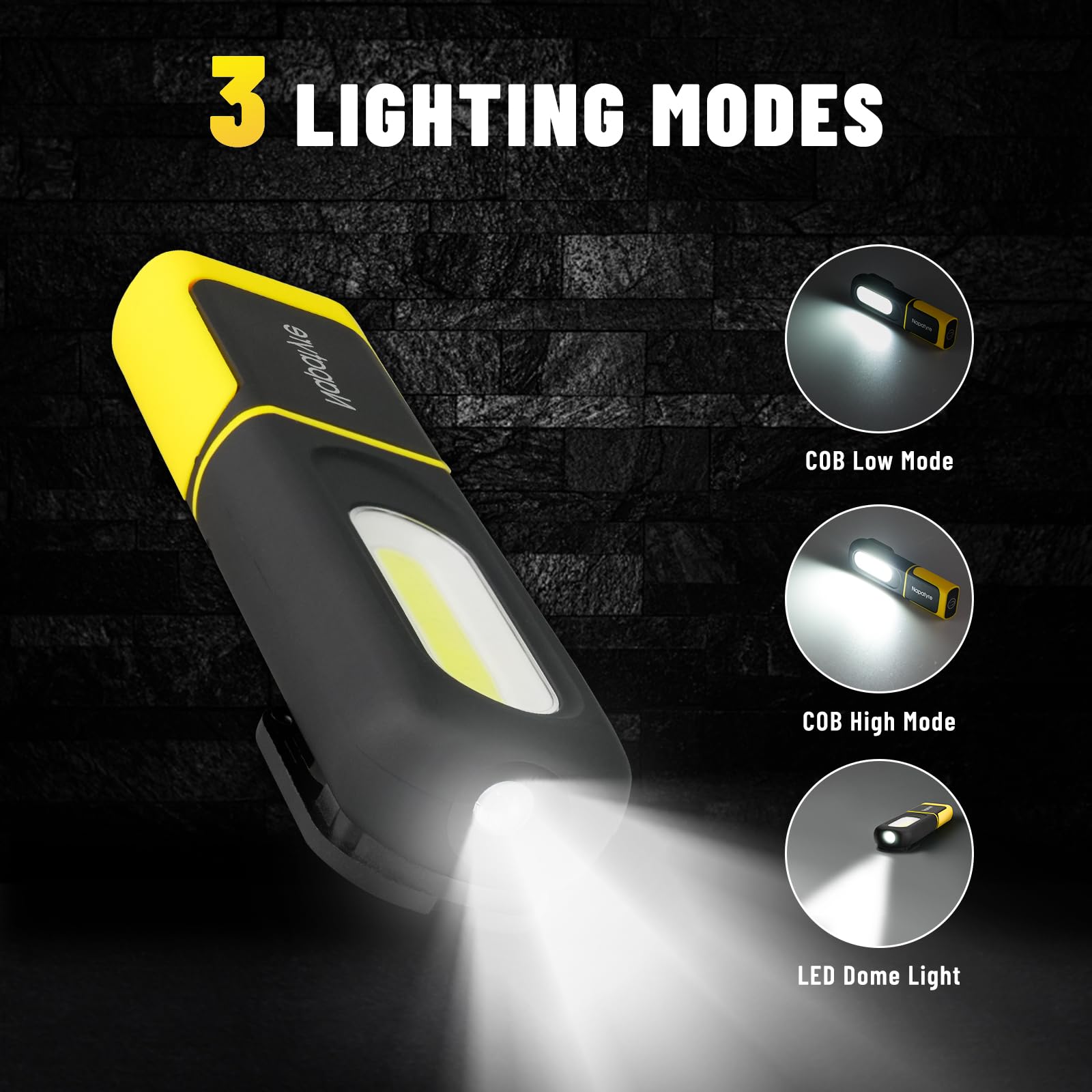 Linterna LED Recargable, 3 Modos Linterna de Trabajo con Base Magnética y Gancho, Giratoria de 360 Lámpara de Taller para Garaje, Camping, Emergencia (2 Piezas)