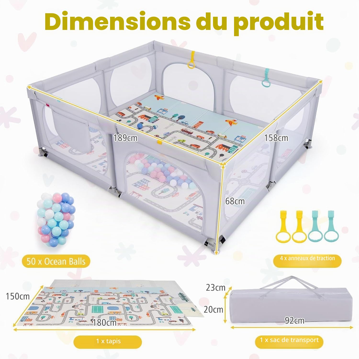 FANTASK Parc pliable pour bébé avec matelas 189 x 158 cm, parc avec 50 balles de jeu et 4 poignées, gris clair