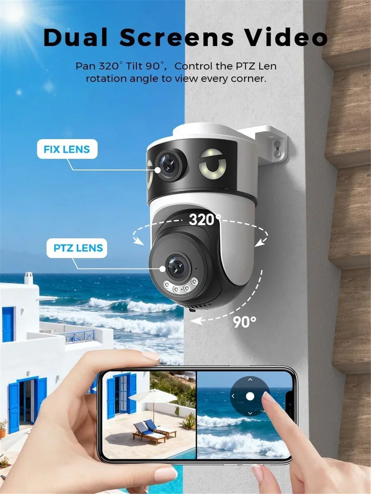 Kamera bezpieczeństwa 3MP z podwójnym obiektywem i podwójnym ekranem Wi-Fi, 5-krotnym zoomem cyfrowym, monitoringiem wideo, widzeniem nocnym, wykrywaniem osób