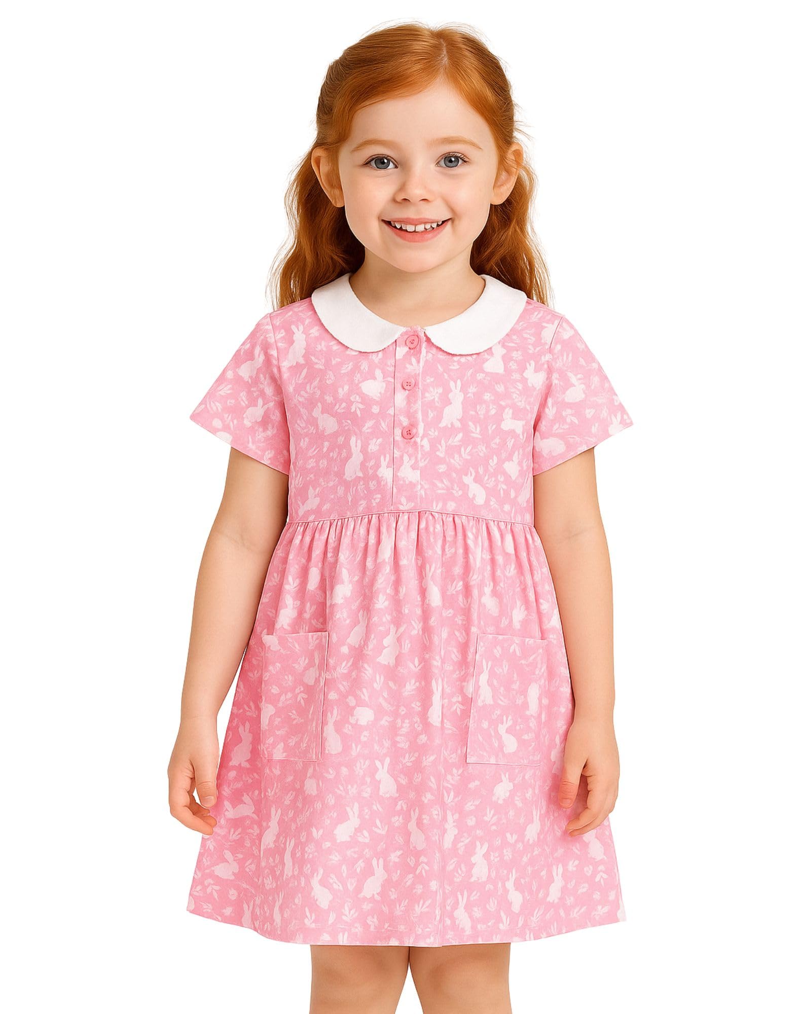 HILEELANG Toddler Girl Short Sleeve Dress Cotton Casual Spring Summer Easter Applique Playwear Dresse Size 2-8 Yeras