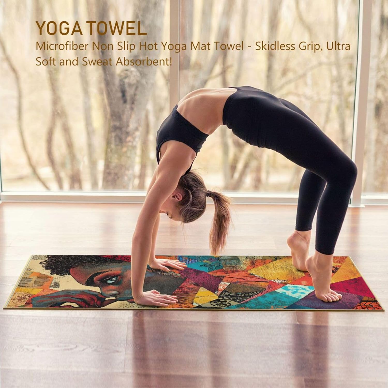 Woman African Art Yoga Towel with Grip Dots – Anti-Slip, Super Absorbent, 73” x 27”, Microfiber Mat Cover for Exercise, Fitness, Pilates Gear