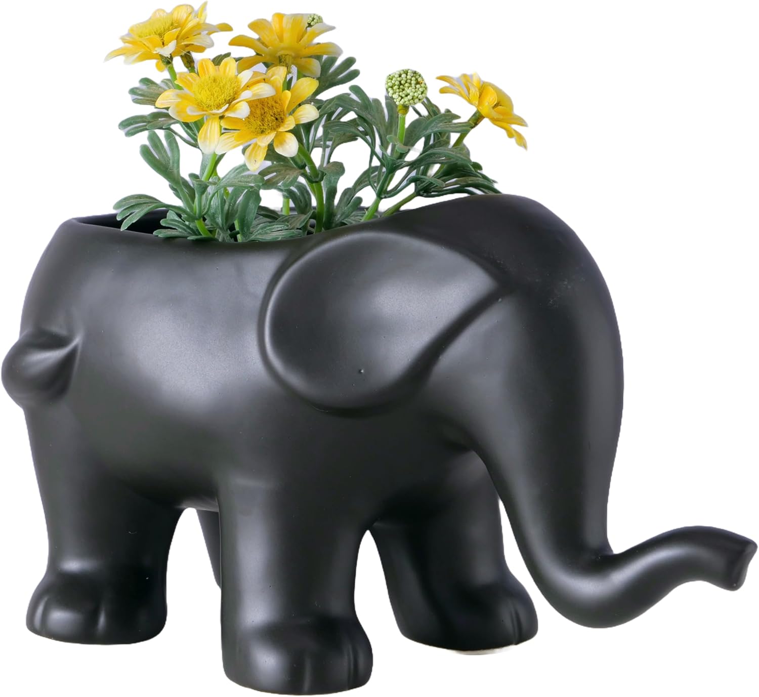 WHW Whole House Worlds Elephant Planter/Cachepot, Black, Porcelain, Matte Finish, No Drain Holes, Pads on Bottom, 9.75 Inches