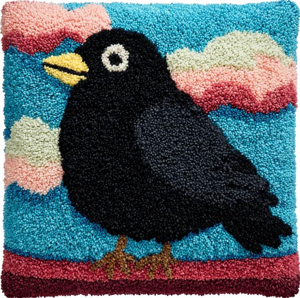 WallustrioaW DIY Latch Hook Pillow Kit,Crows Pillowcase Kits Embroidery Kits 17X17 Inch DIY Needlework Pillow Cover Sofa Cushion Rug Making